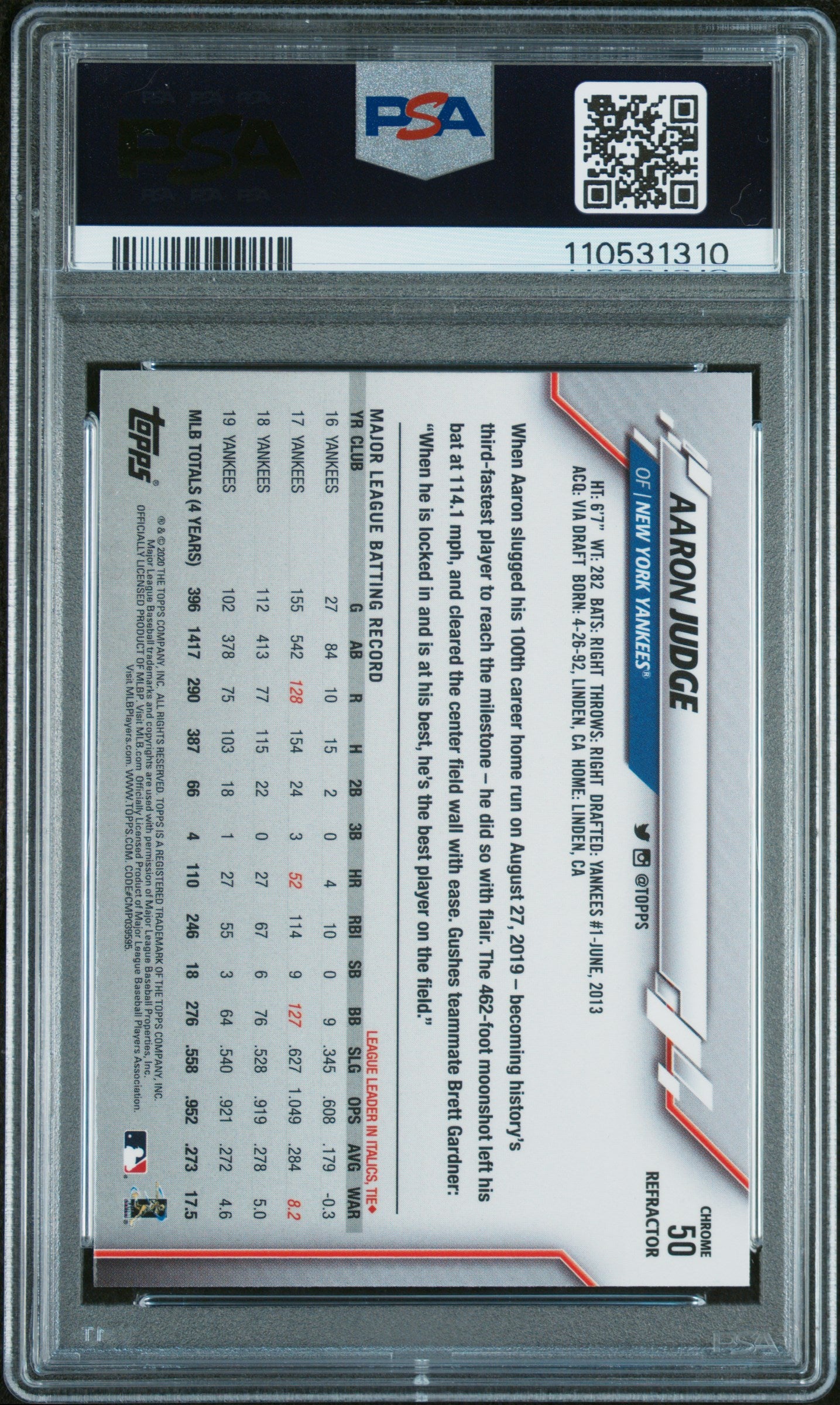 2020 Topps Chrome #50 Aaron Judge Sepia Refractor PSA 10