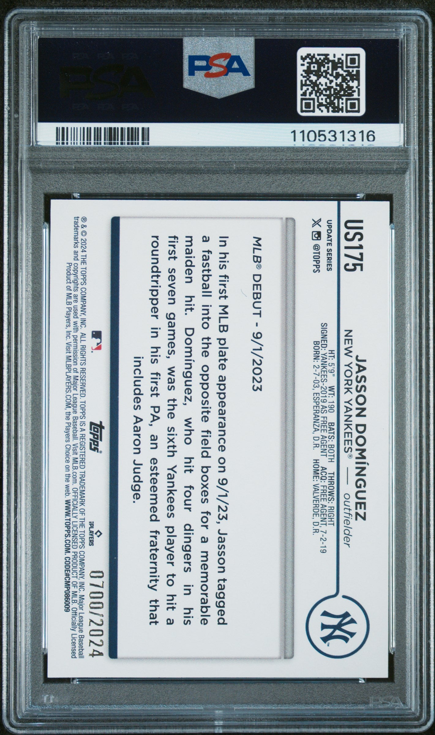 2024 Topps Update #US175 Jasson Dominguez Gold PSA 10