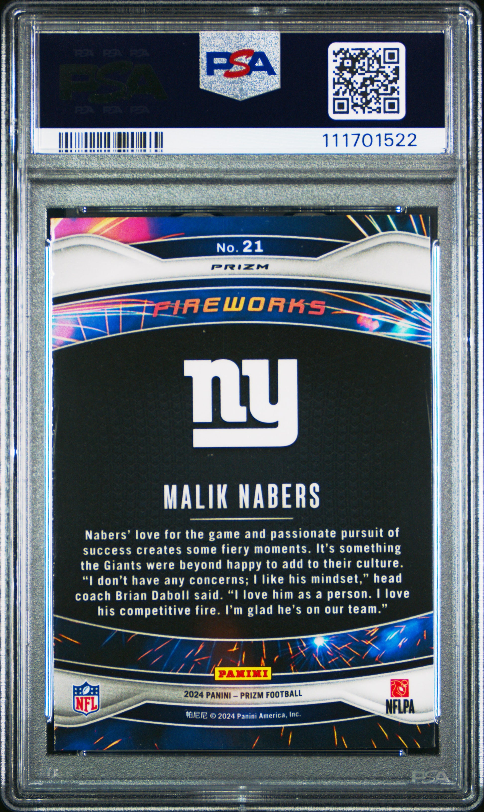 2024 Panini Prizm Fireworks #21 Malik Nabers Fireworks-Green Prizm PSA 10