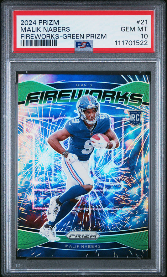 2024 Panini Prizm Fireworks #21 Malik Nabers Fireworks-Green Prizm PSA 10