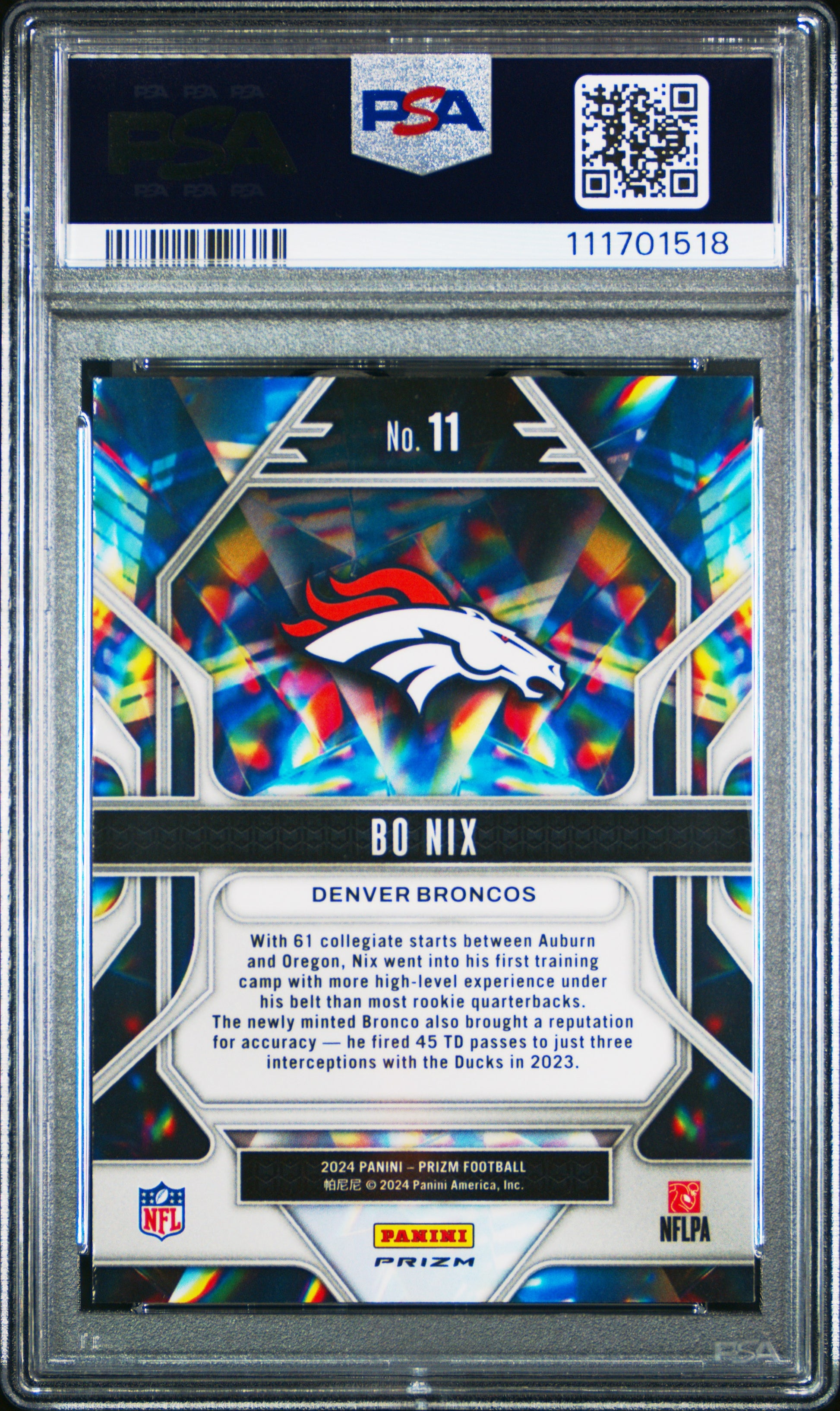 2024 Panini Prizm Prizmatic #11 Bo Nix Prizmatic-Silver Prizm PSA 10