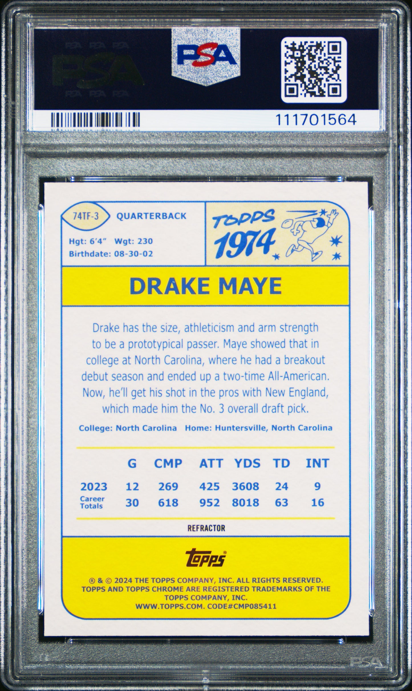 2024 Topps Chrome 1974 Topps Football #74TF3 Drake Maye 1974 -Ref PSA 10