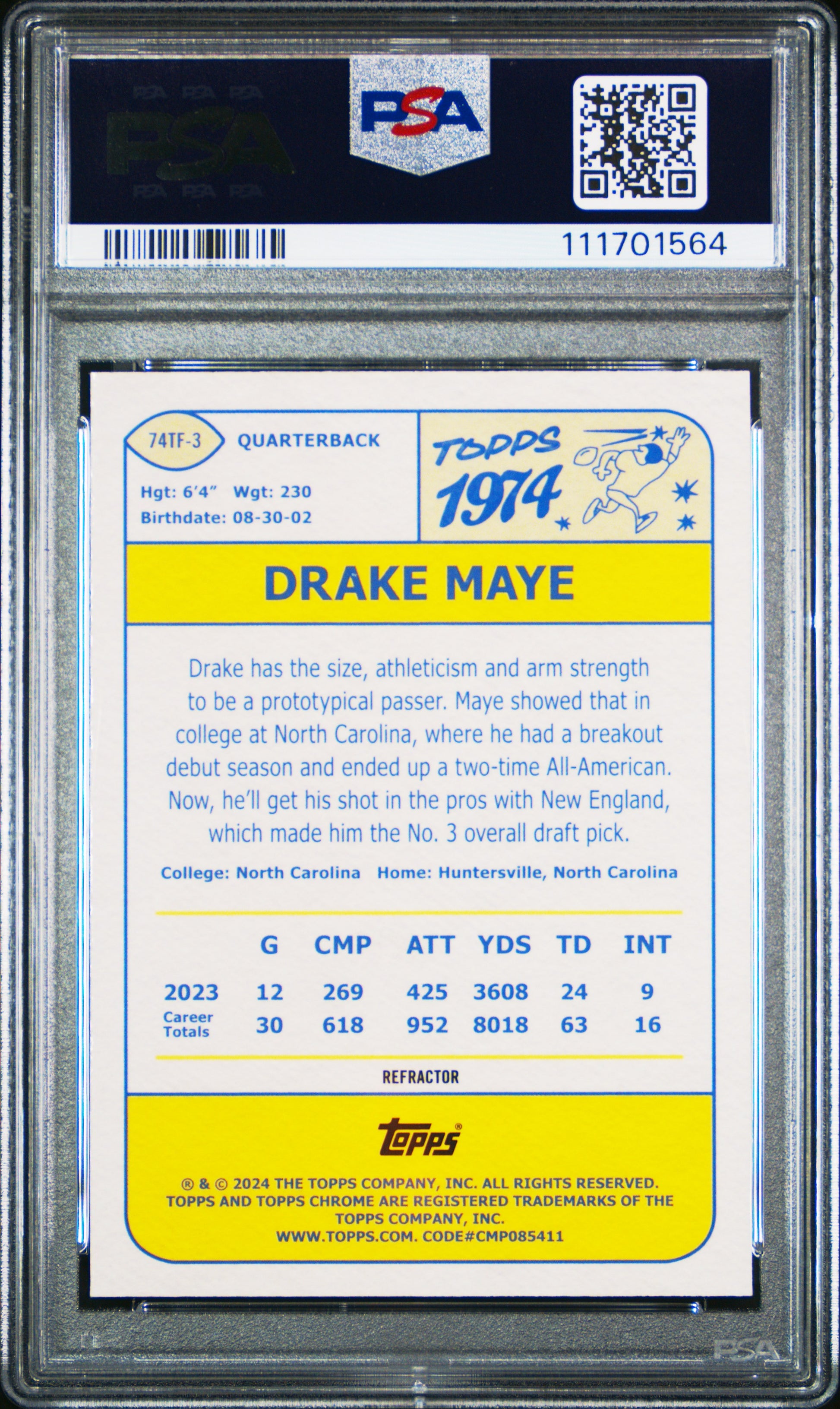 2024 Topps Chrome 1974 Topps Football #74TF3 Drake Maye 1974 -Ref PSA 10