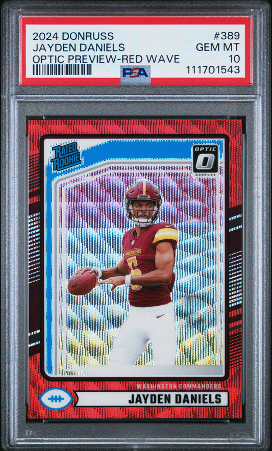 2024 Panini Donruss #389 Jayden Daniels Optic Preview-Red Wave PSA 10