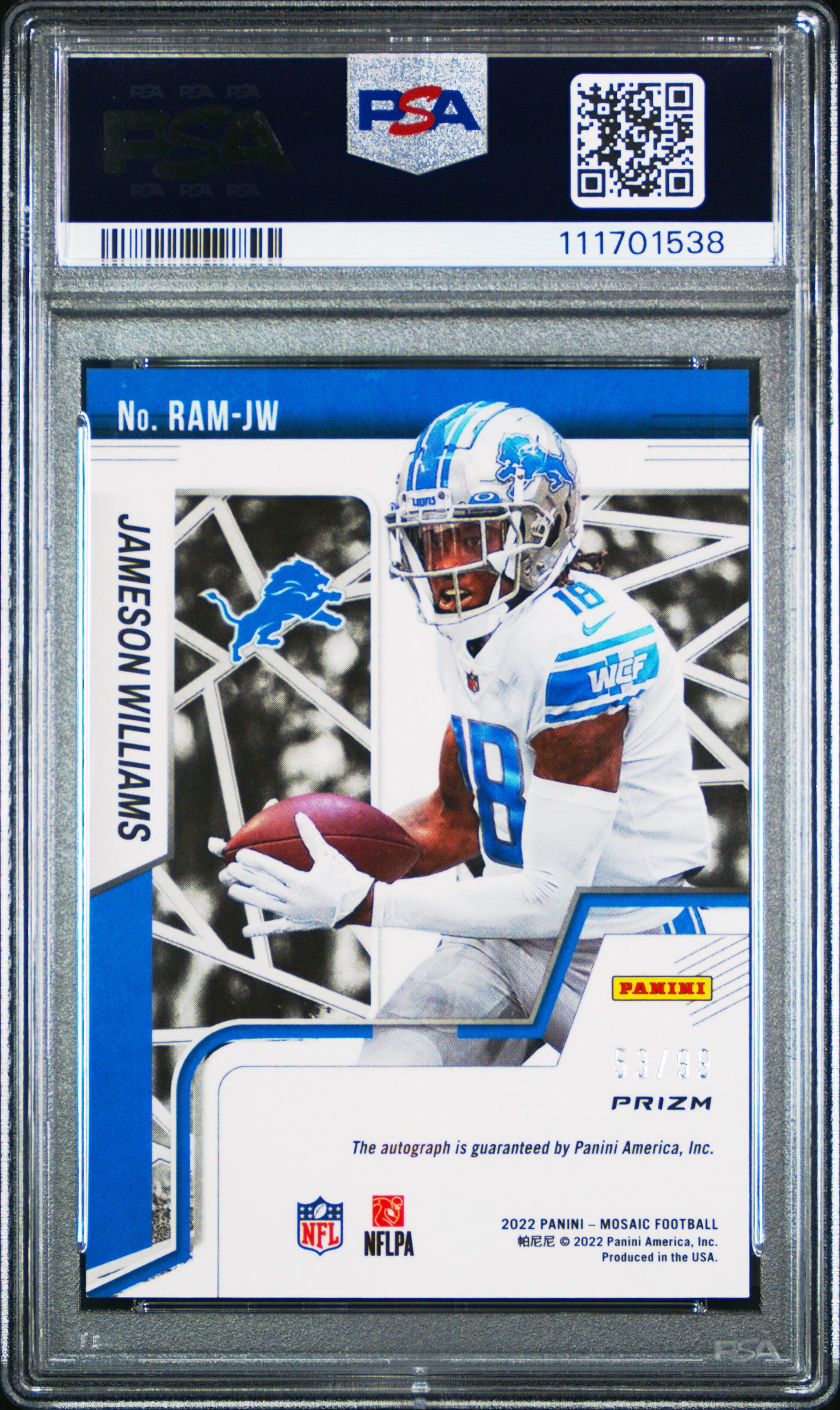 2022 Panini Mosaic Rookie Autograph #RAMJW Jameson Williams-Blue-99 PSA 10