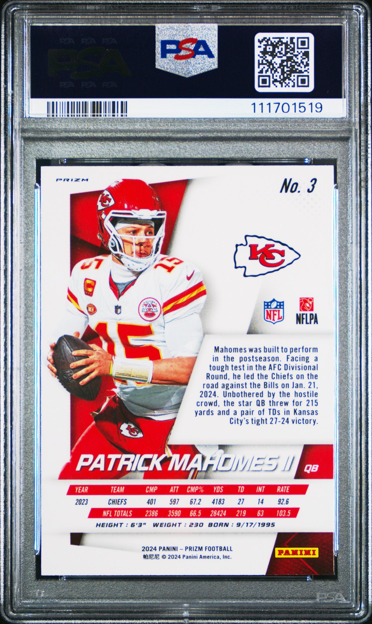 2024 Panini Prizm Prizm Flashback #3 Patrick Mahomes Ii-No Huddle PSA 10