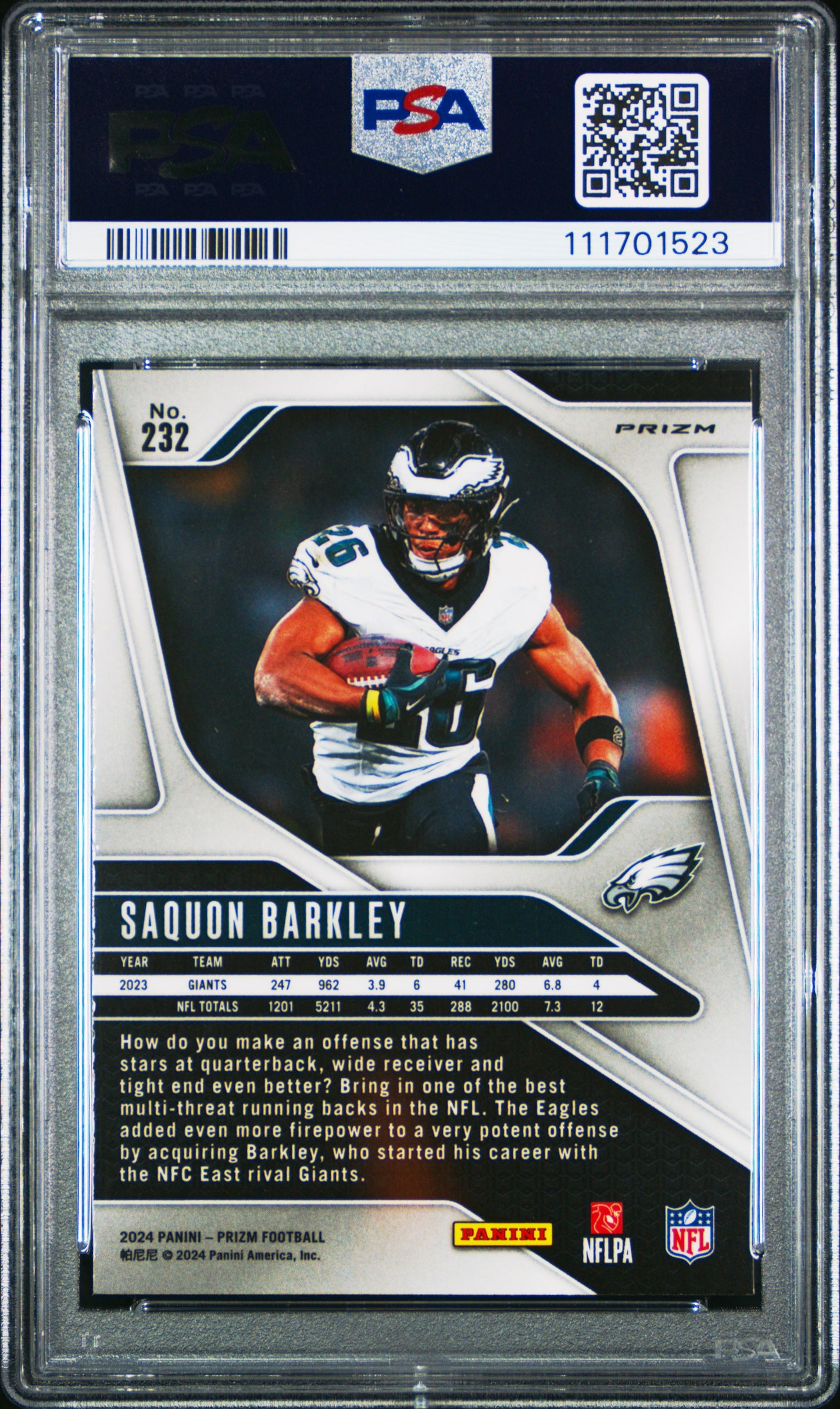 2024 Panini Prizm #232 Saquon Barkley Red/White/Blue Prizm PSA 8