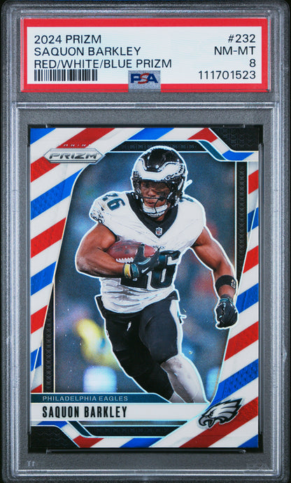 2024 Panini Prizm #232 Saquon Barkley Red/White/Blue Prizm PSA 8