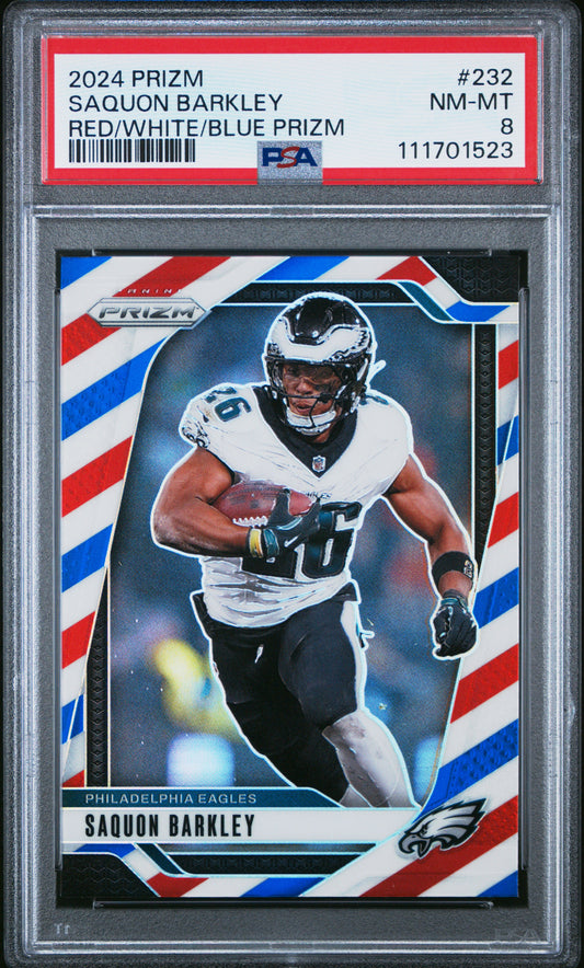 2024 Panini Prizm #232 Saquon Barkley Red/White/Blue Prizm PSA 8