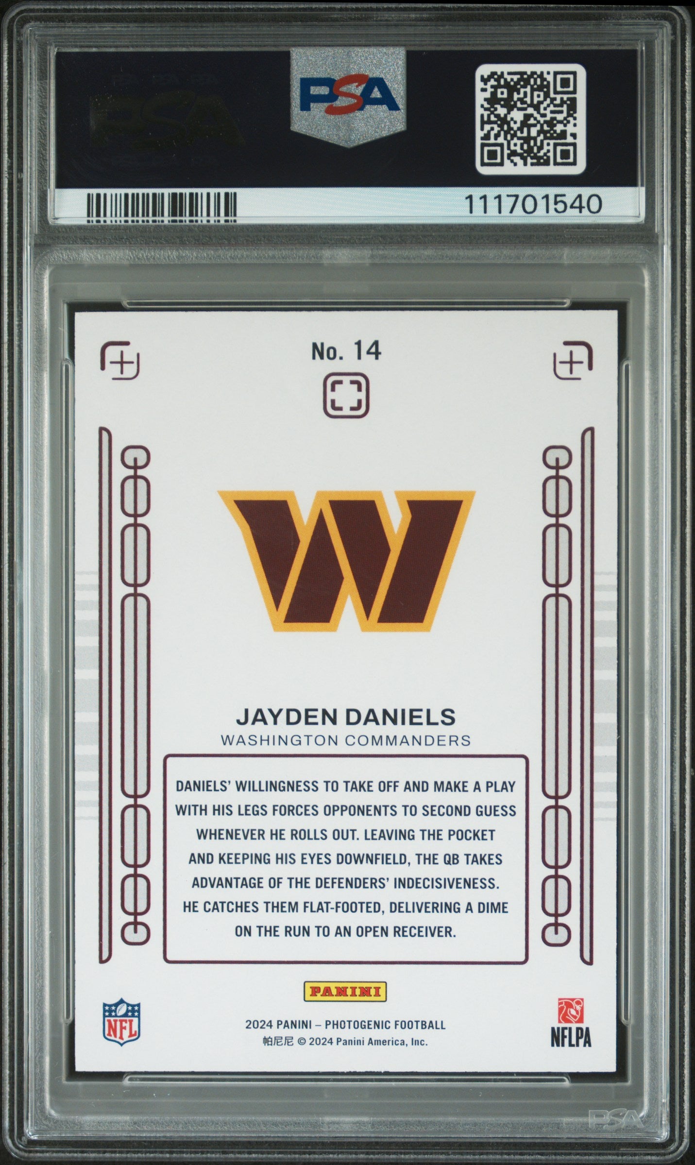2024 Panini Photogenic Rookie Pix #14 Jayden Daniels Rookie Pix-Red PSA 8