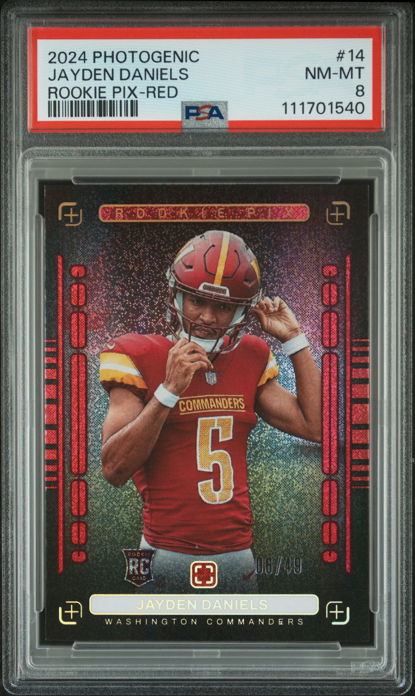 2024 Panini Photogenic Rookie Pix #14 Jayden Daniels Rookie Pix-Red PSA 8