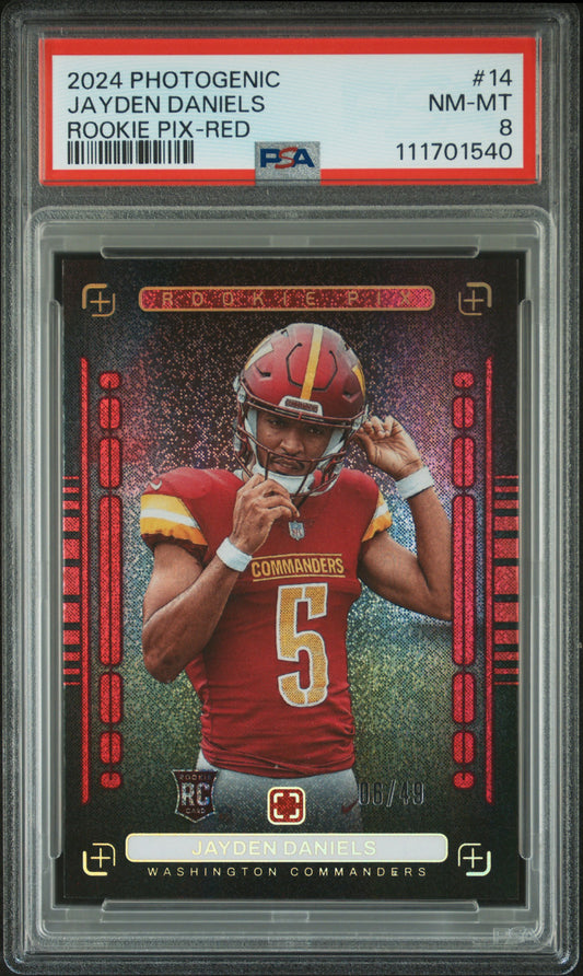 2024 Panini Photogenic Rookie Pix #14 Jayden Daniels Rookie Pix-Red PSA 8