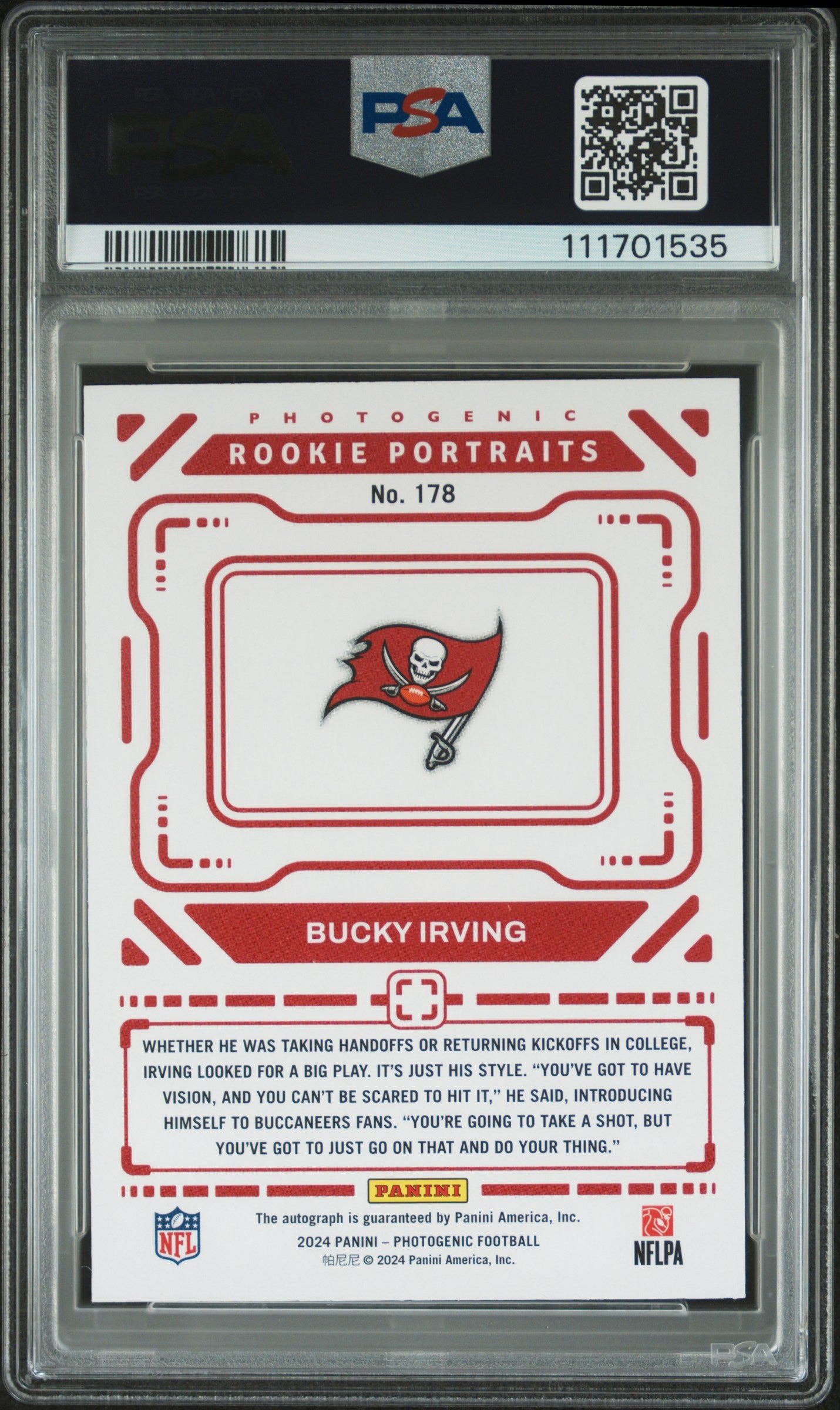 2024 Panini Photogenic #178 Bucky Irving Autograph-Blue PSA 8