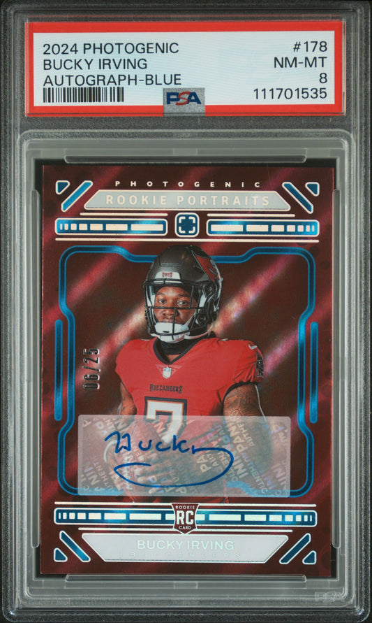 2024 Panini Photogenic #178 Bucky Irving Autograph-Blue PSA 8