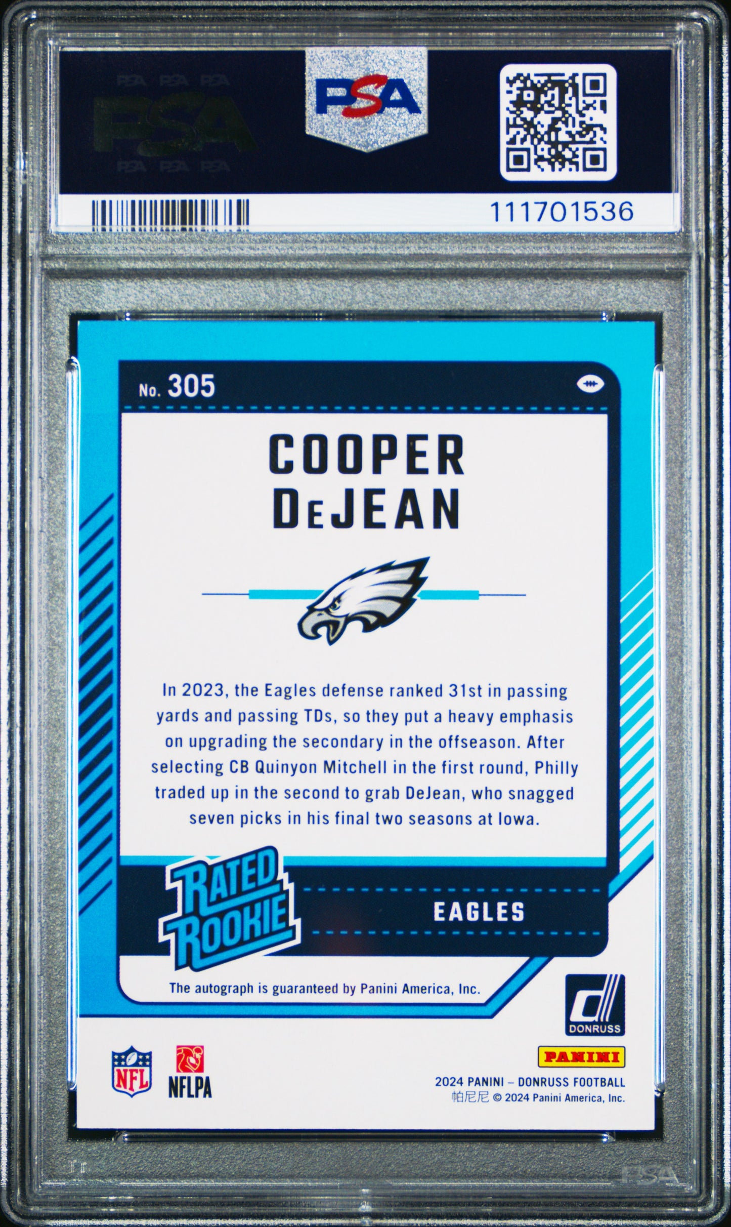 2024 Panini Donruss #305 Cooper Dejean Autograph-Green PSA 9