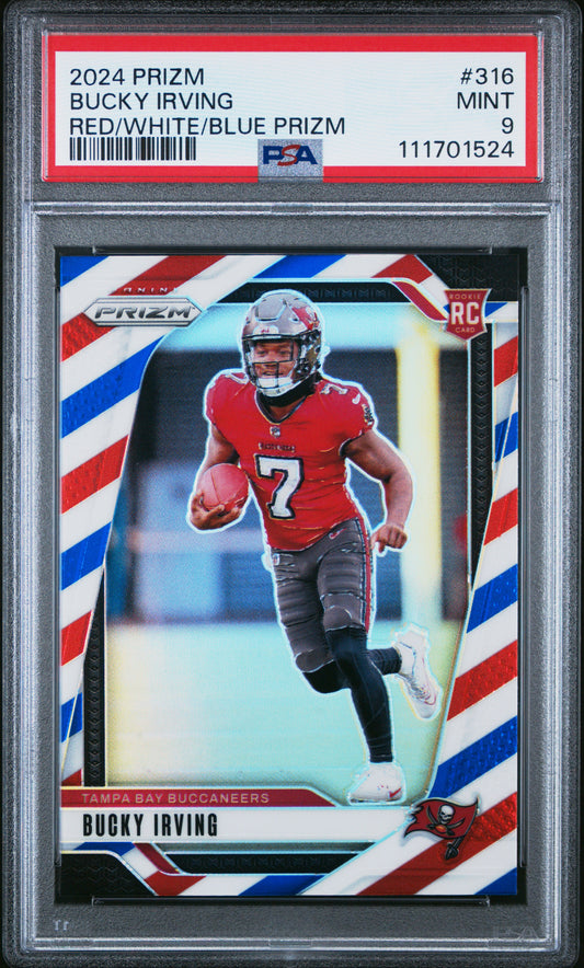 2024 Panini Prizm #316 Bucky Irving Red/White/Blue Prizm PSA 9