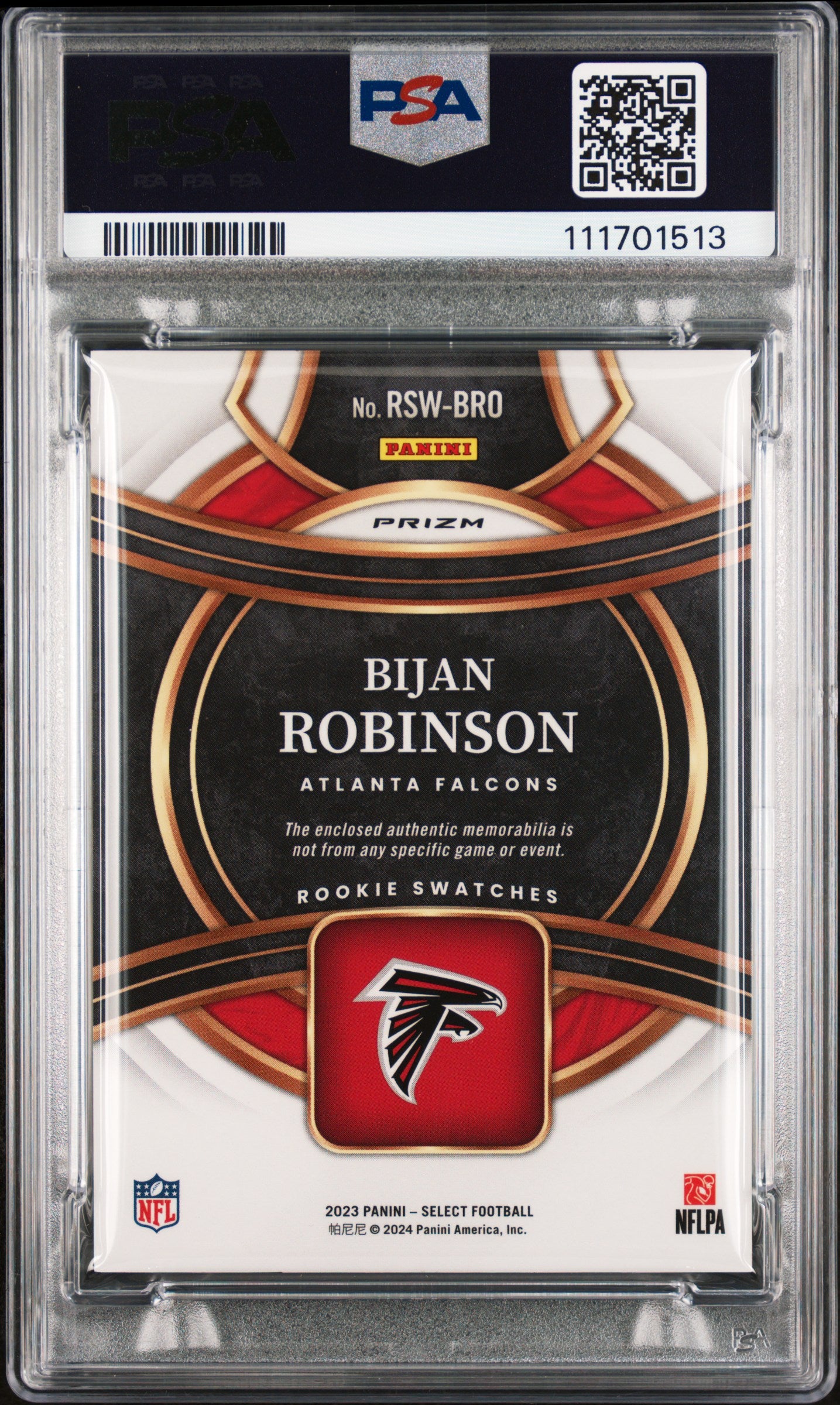 2023 Panini Select Rookie Swatches #RSWBRO Bijan Robinson-Red Prizm PSA 8
