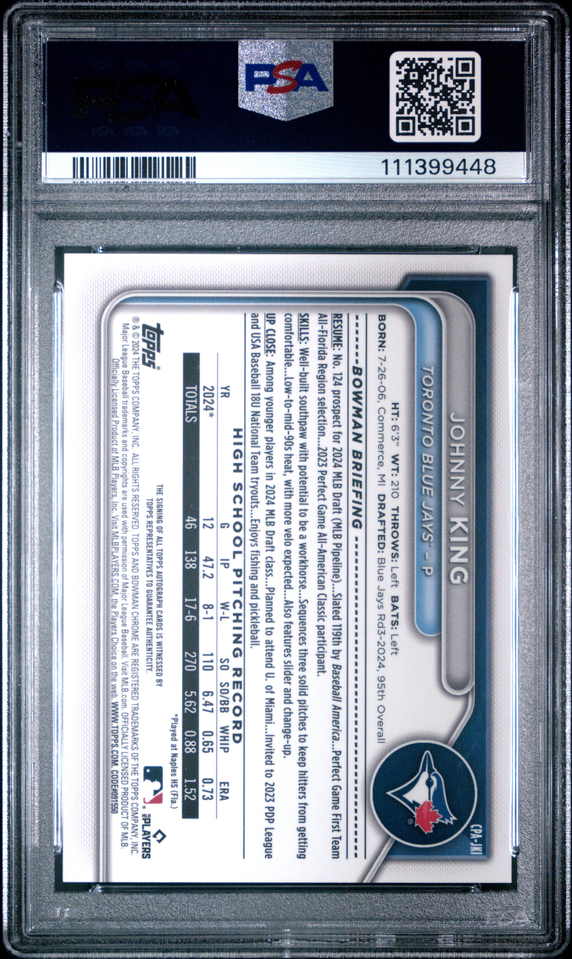 2024 Bowman Draft Chrome Prospect Autographs #CPAJKI Johnny King PSA 10