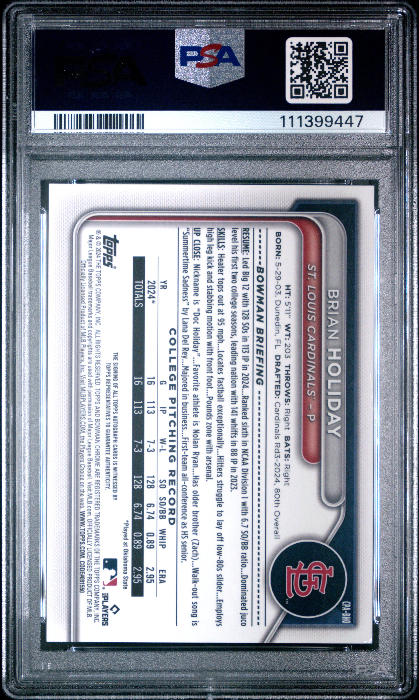 2024 Bowman Draft Chrome Autographs #CPABHO Brian Holiday Yellow Ref PSA 9