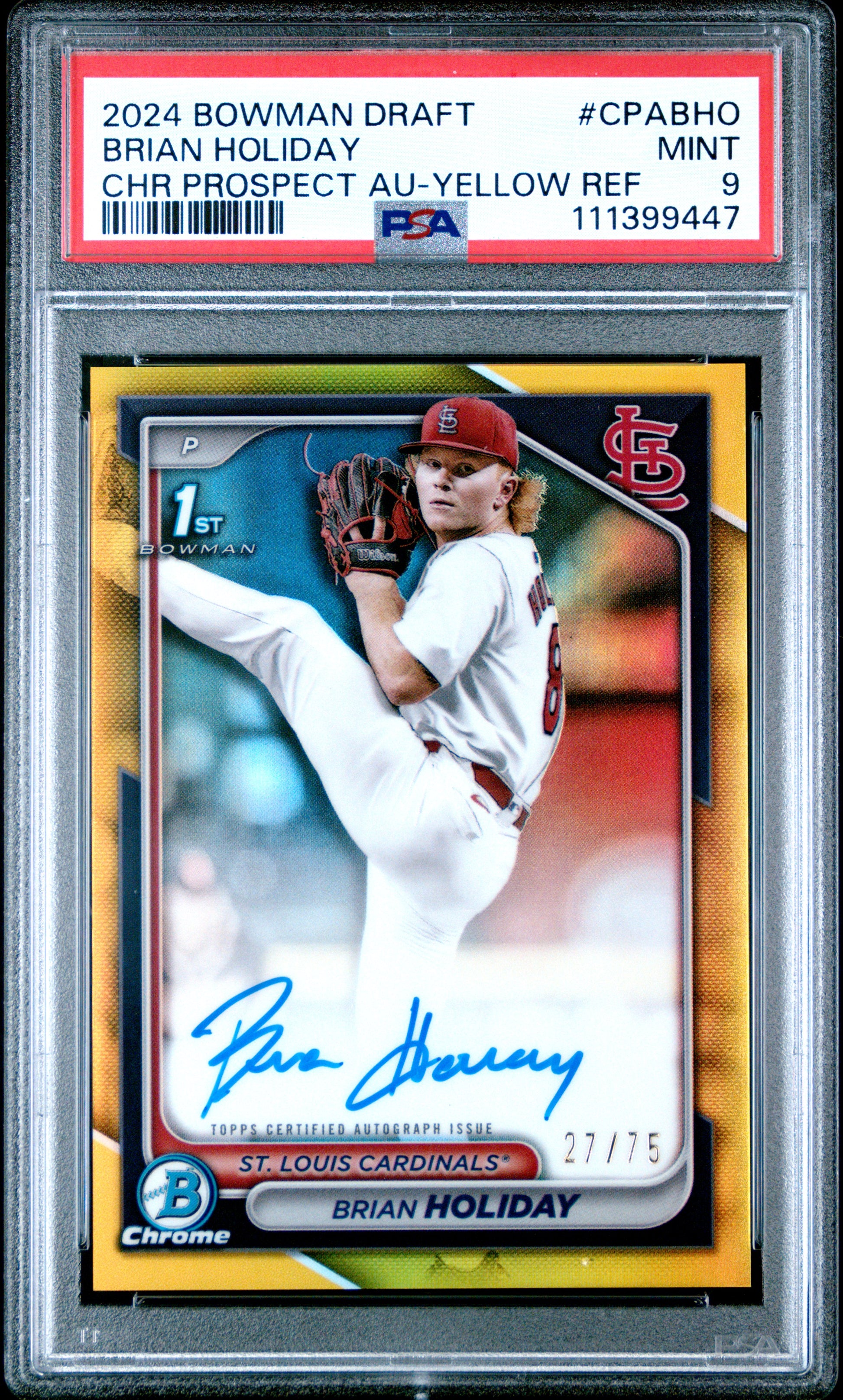 2024 Bowman Draft Chrome Autographs #CPABHO Brian Holiday Yellow Ref PSA 9
