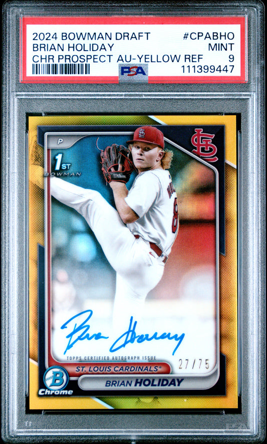 2024 Bowman Draft Chrome Autographs #CPABHO Brian Holiday Yellow Ref PSA 9