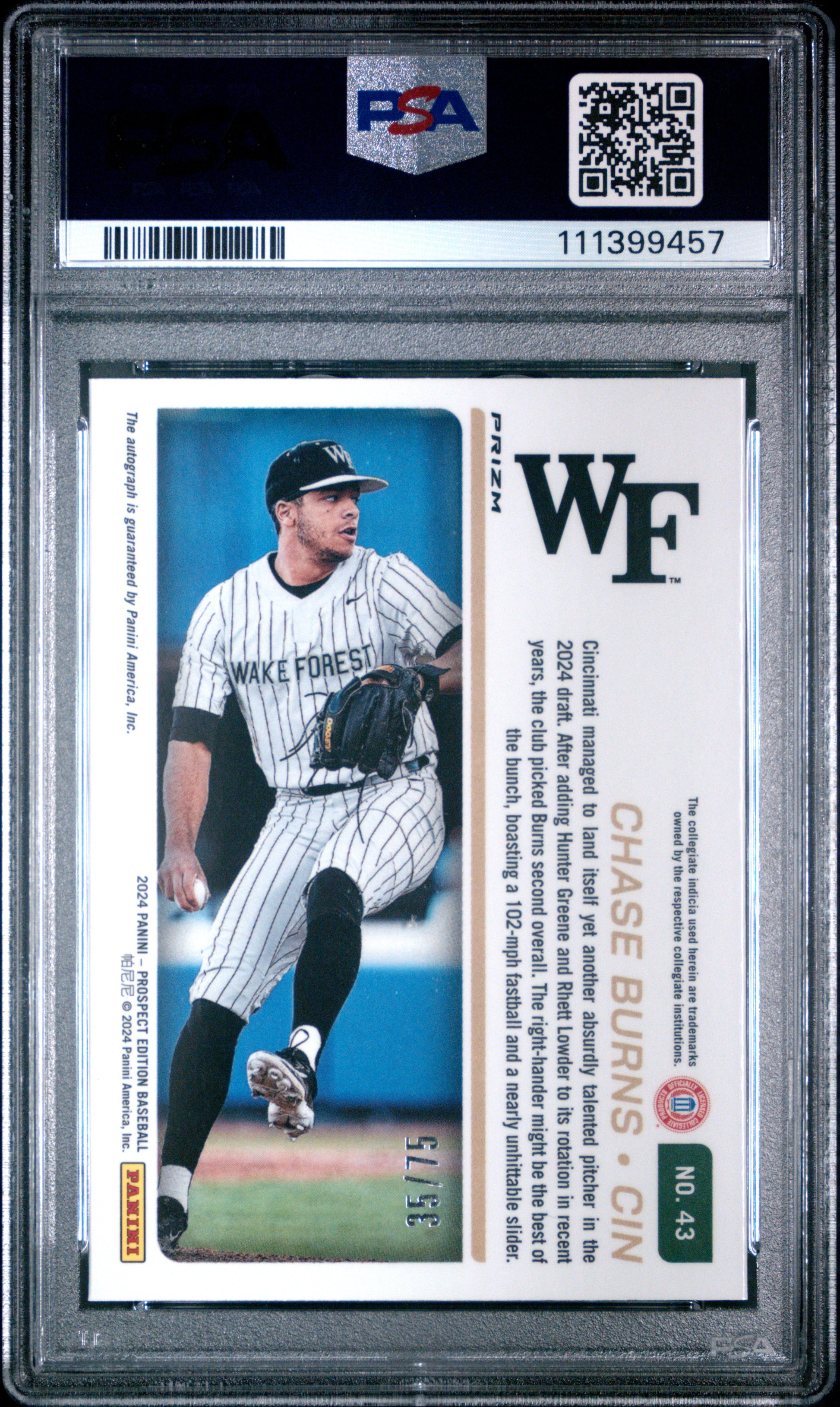 2024 Panini Prospect Edition Prospect Ticket #43 Chase Burns Blue Wave/75 PSA 10