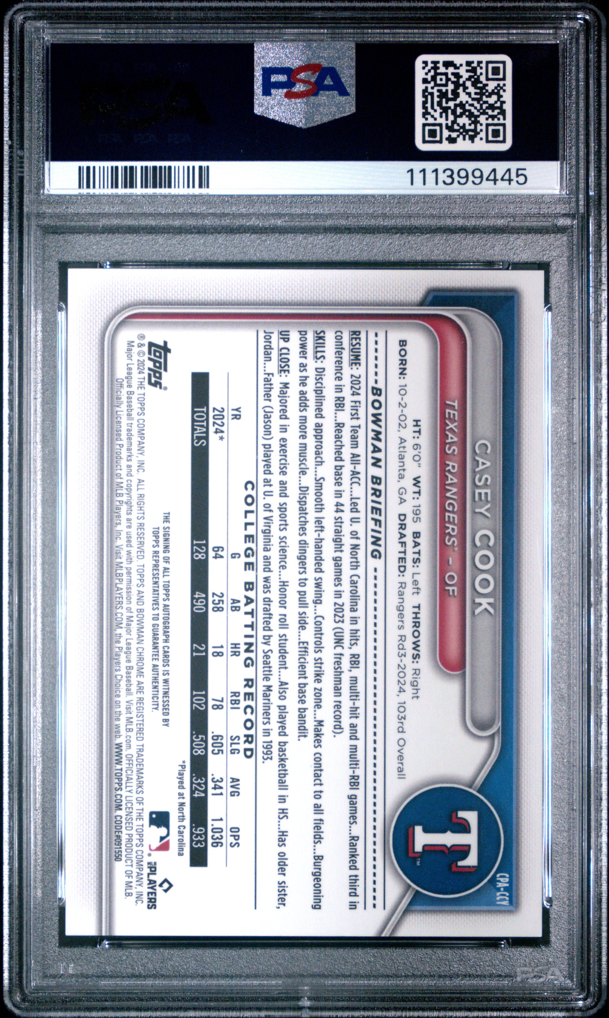 2024 Bowman Draft Chrome Prospect Autographs #CPACCY Casey Cook PSA 8