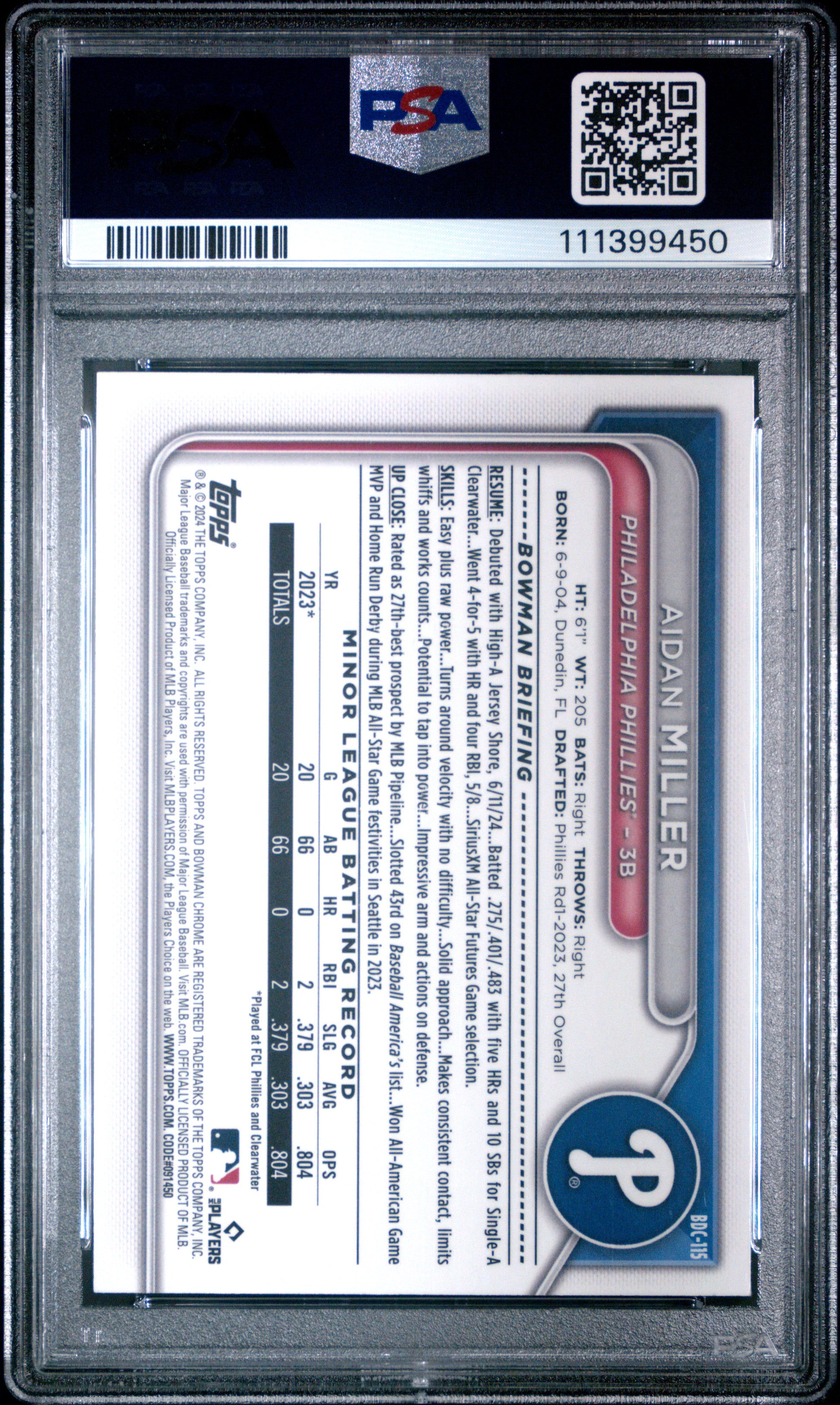 2024 Bowman Draft #BDC115 Aidan Miller Chrome-Purple Refractor PSA 10