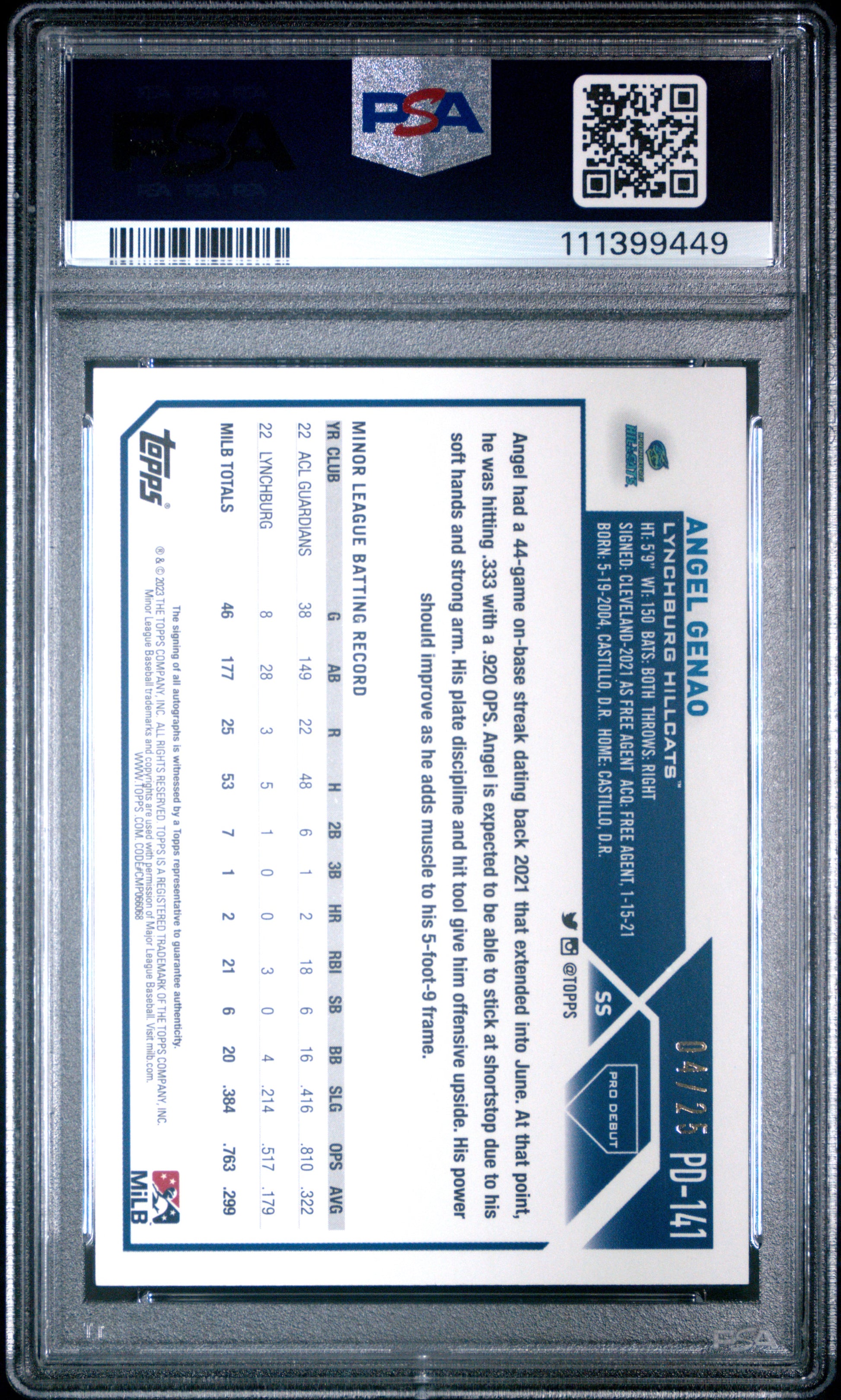 2023 Topps Pro Debut #PD141 Angel Genao Autograph-Orange Foil PSA 8