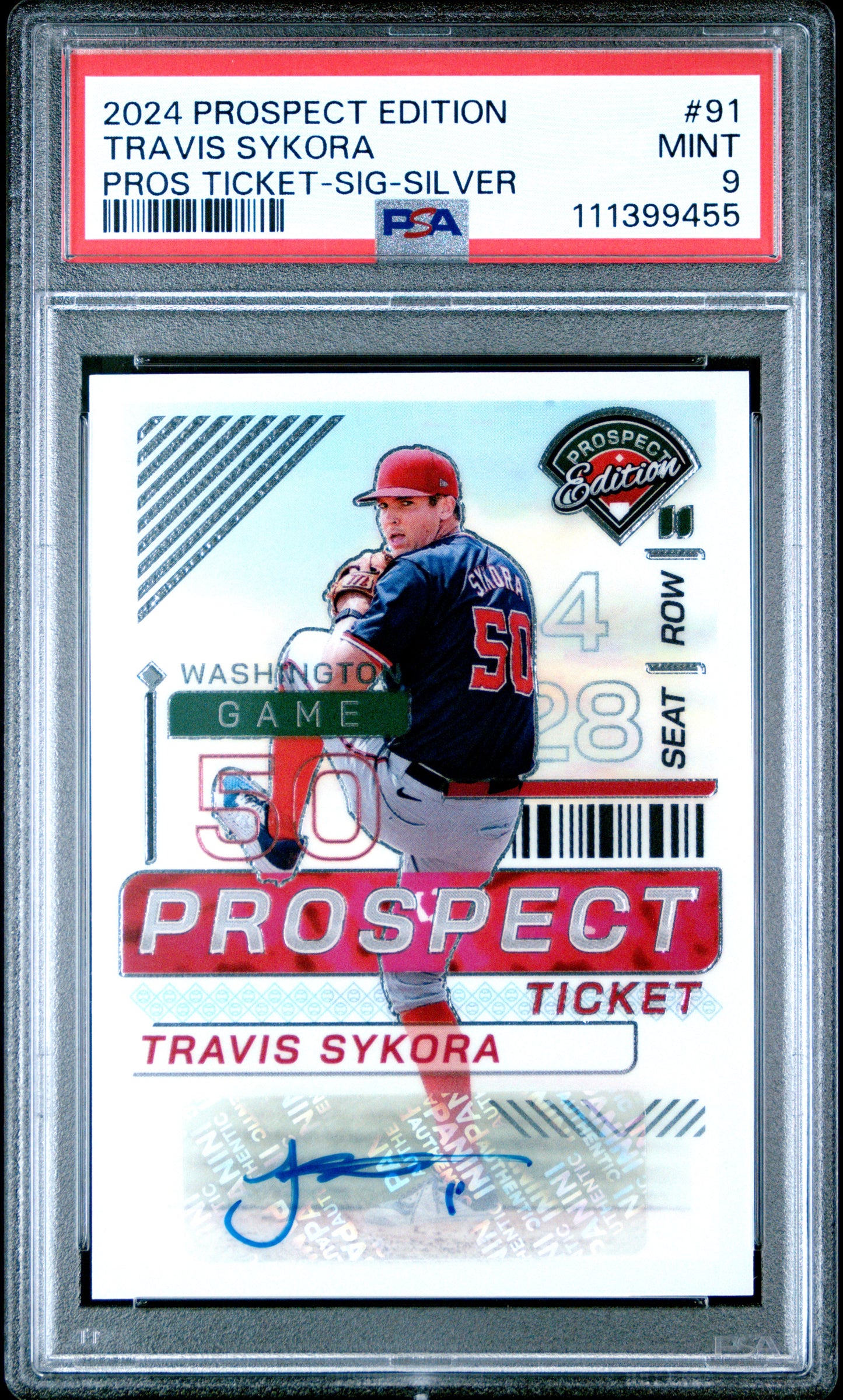 2024 Panini Prospect Edition Prospect Ticket #91 Travis Sykora Auto Silver PSA 9