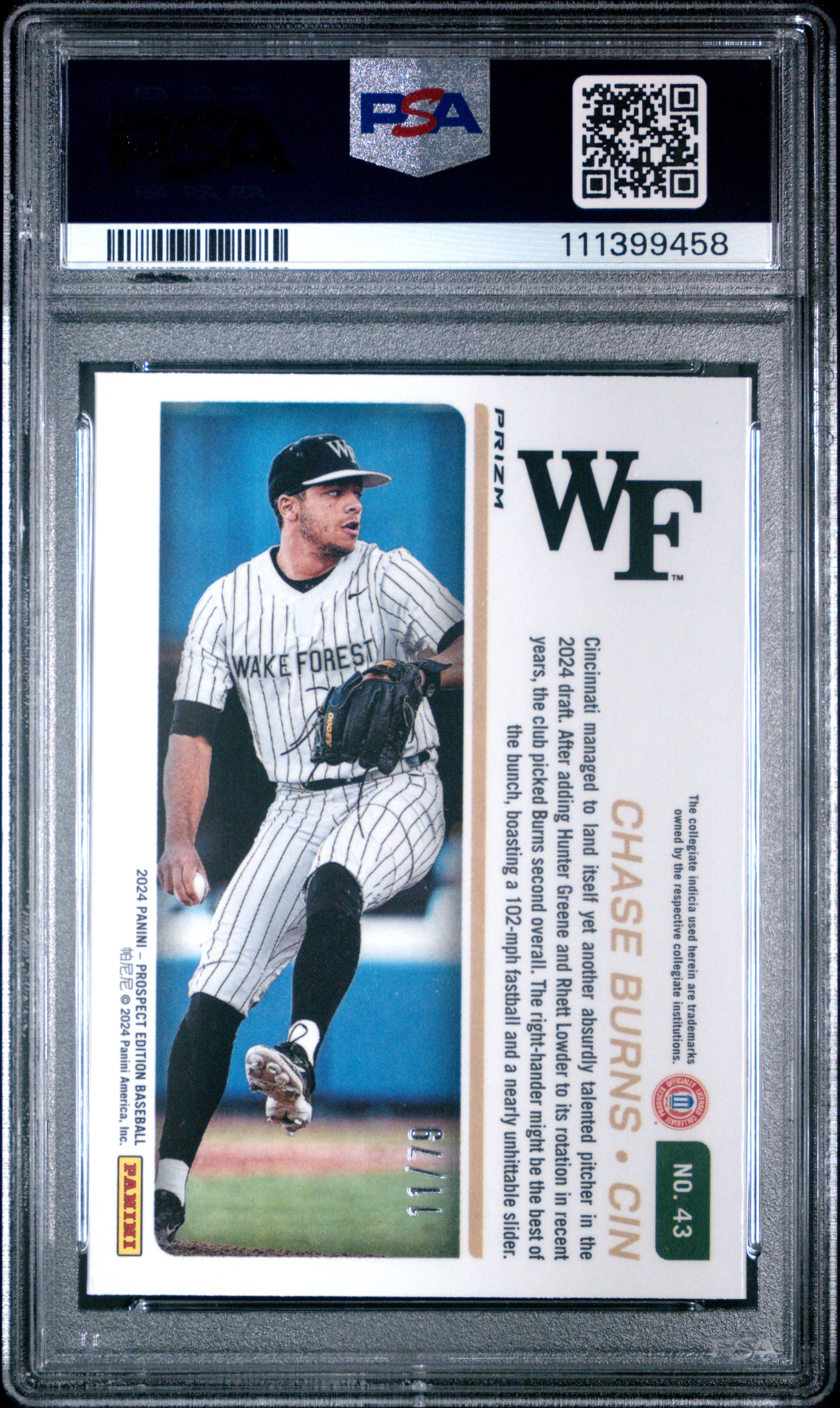 2024 Panini Prospect Edition #43 Chase Burns Pink Velocity/75 PSA 9