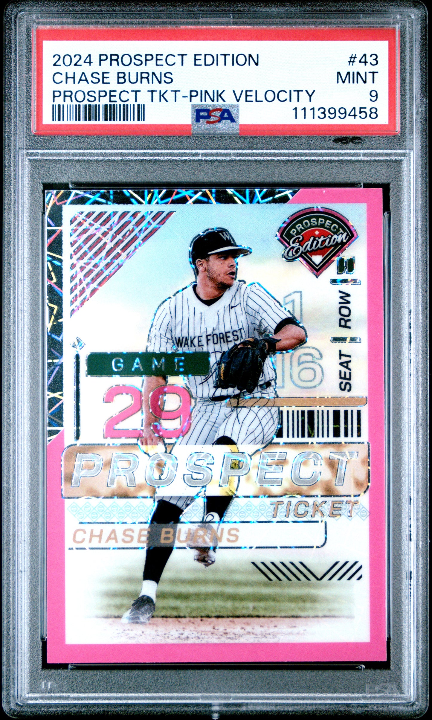 2024 Panini Prospect Edition #43 Chase Burns Pink Velocity/75 PSA 9