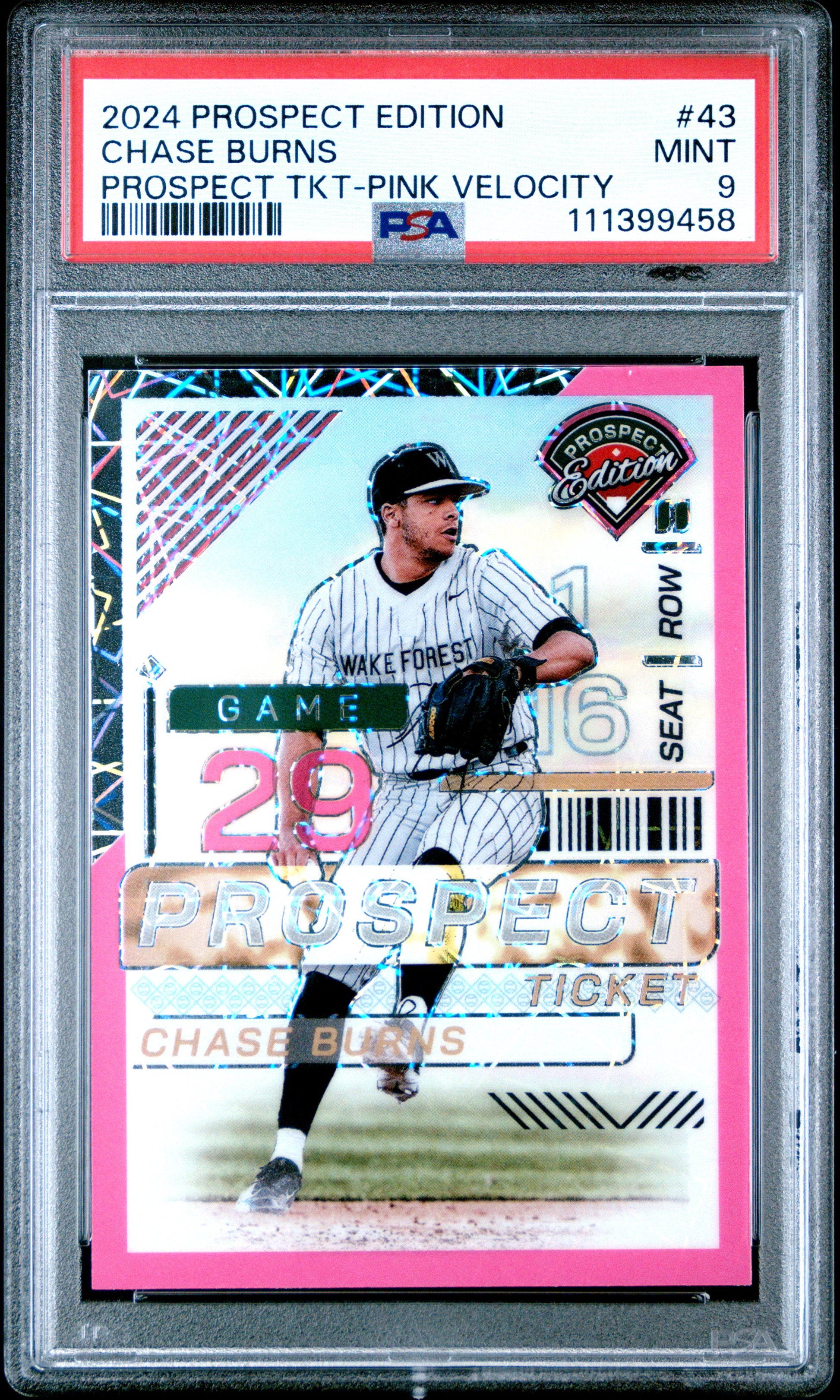 2024 Panini Prospect Edition #43 Chase Burns Pink Velocity/75 PSA 9