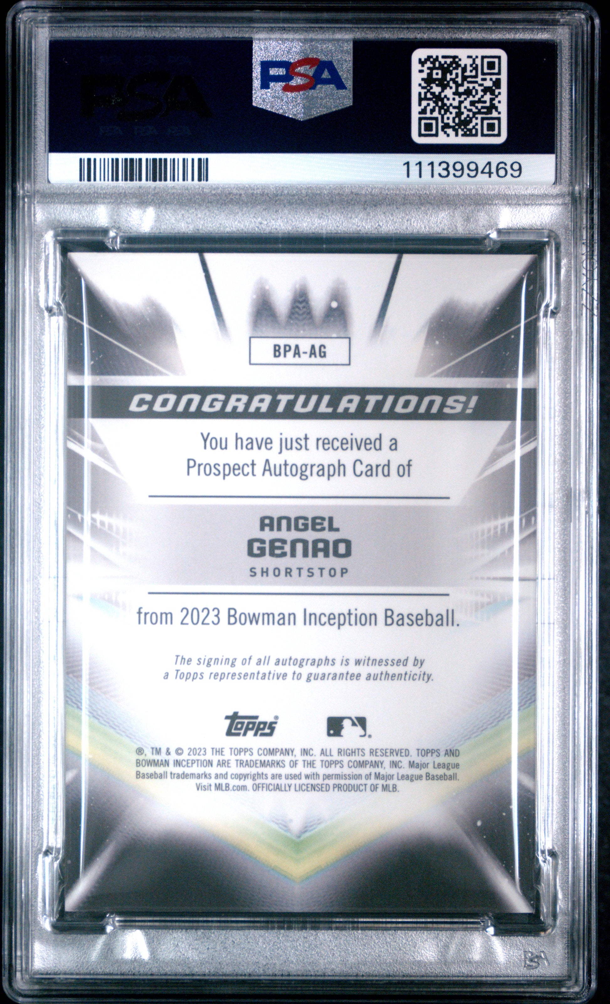 2023 Bowman Inception Autographs #BPAAG Angel Genao Auto-Gold Foil/50 PSA 10