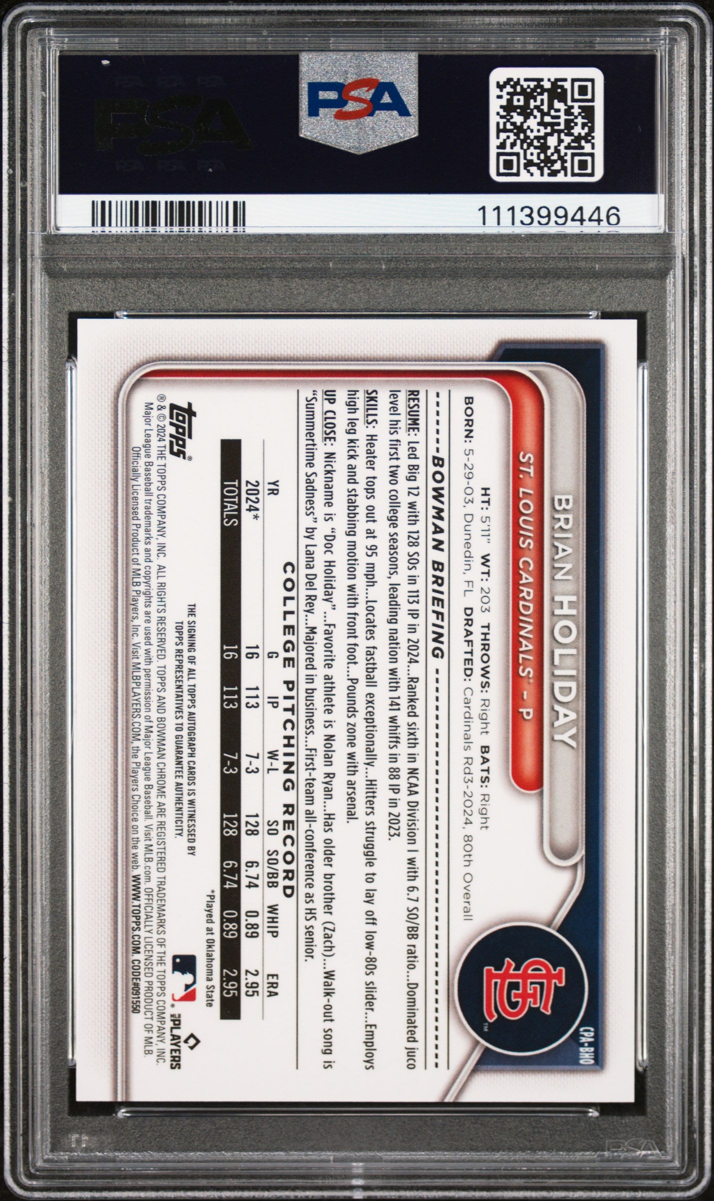 2024 Bowman Draft Chrome Prospect Autographs #CPABHO Brian Holiday PSA 9