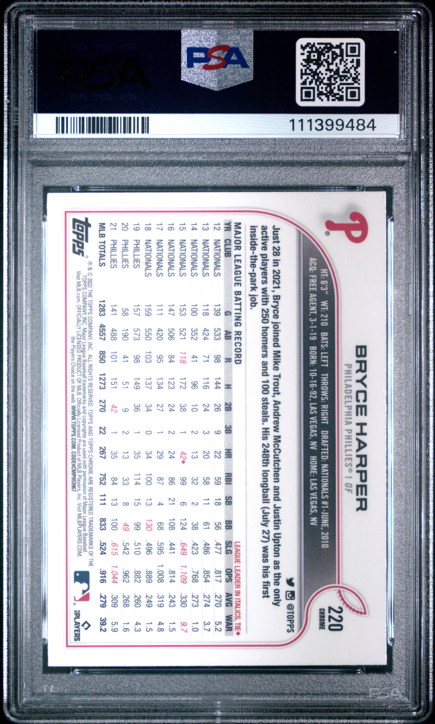 2022 Topps Chrome #220 Bryce Harper Pink Refractor PSA 10