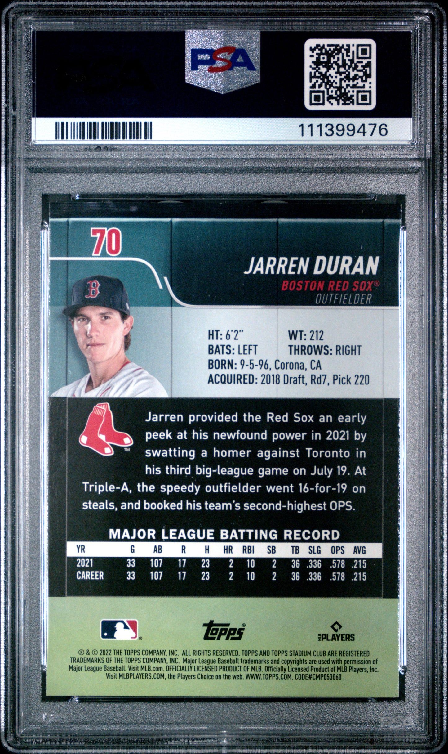 2022 Topps Stadium Club #70 Jarren Duran Red Foil PSA 9