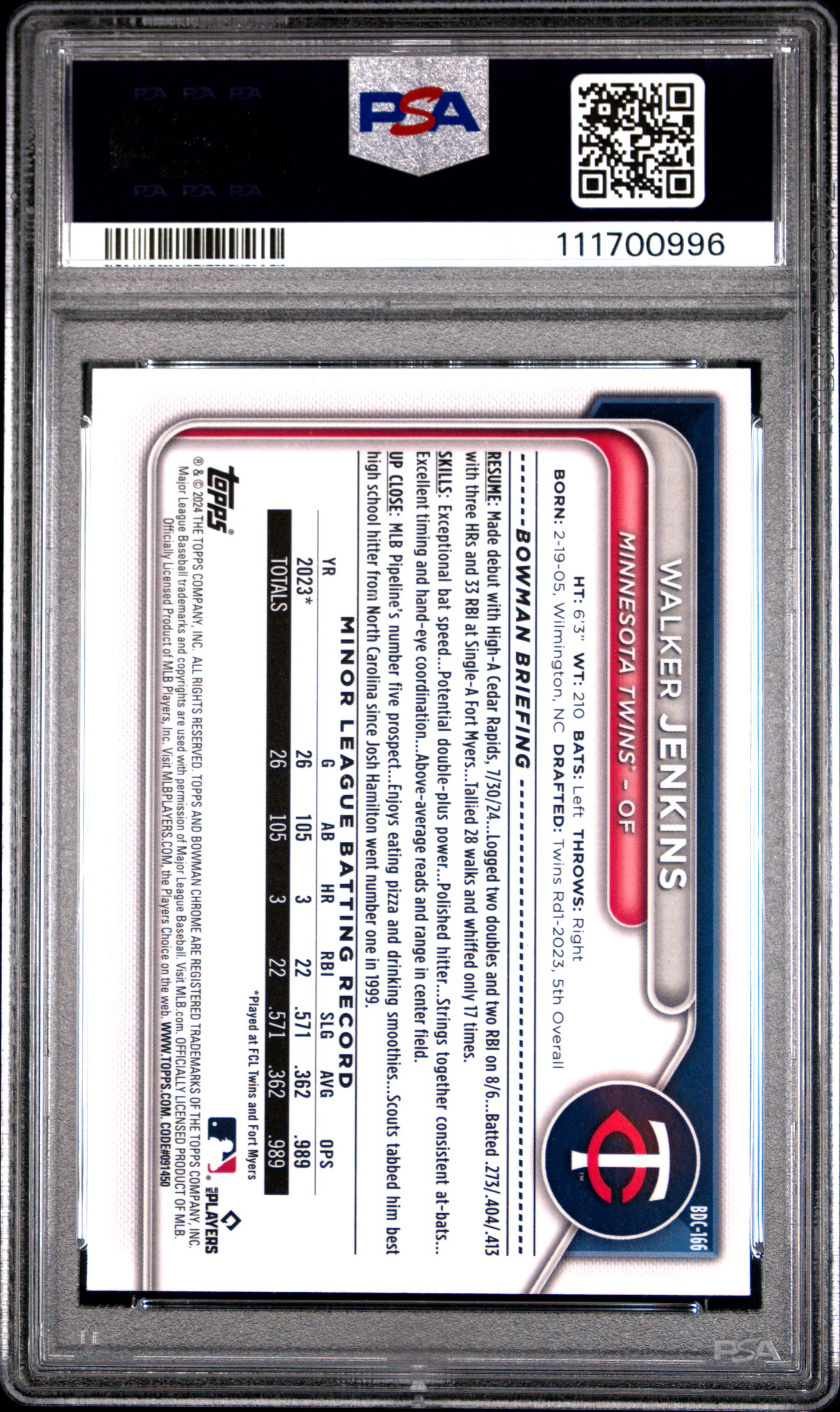 2024 Bowman Draft Sapphire Edition #BDC166 Walker Jenkins Gold PSA 9