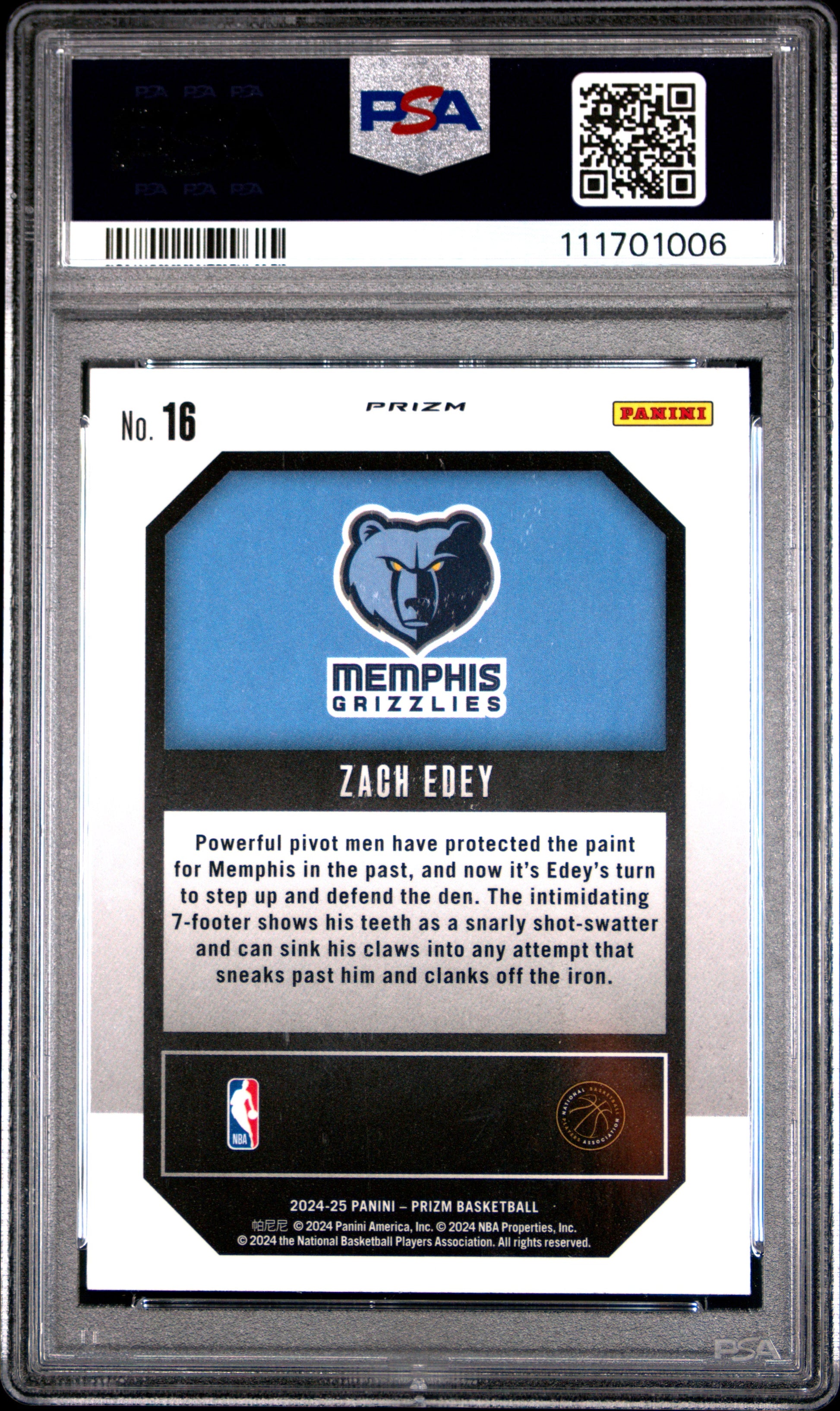 2024 Panini Prizm Emergent #16 Zach Edey Emergent-Silver Prizm PSA 10