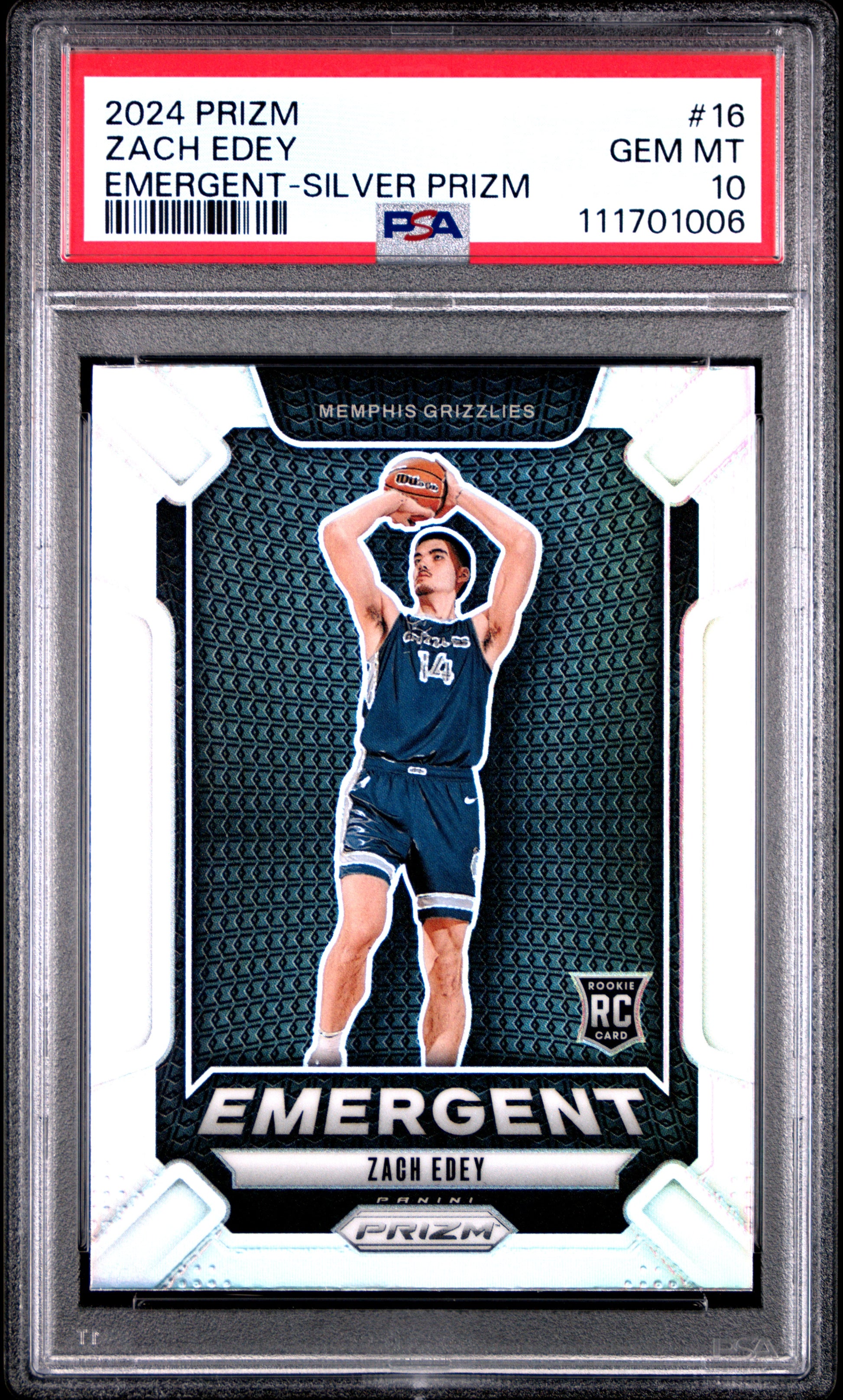 2024 Panini Prizm Emergent #16 Zach Edey Emergent-Silver Prizm PSA 10