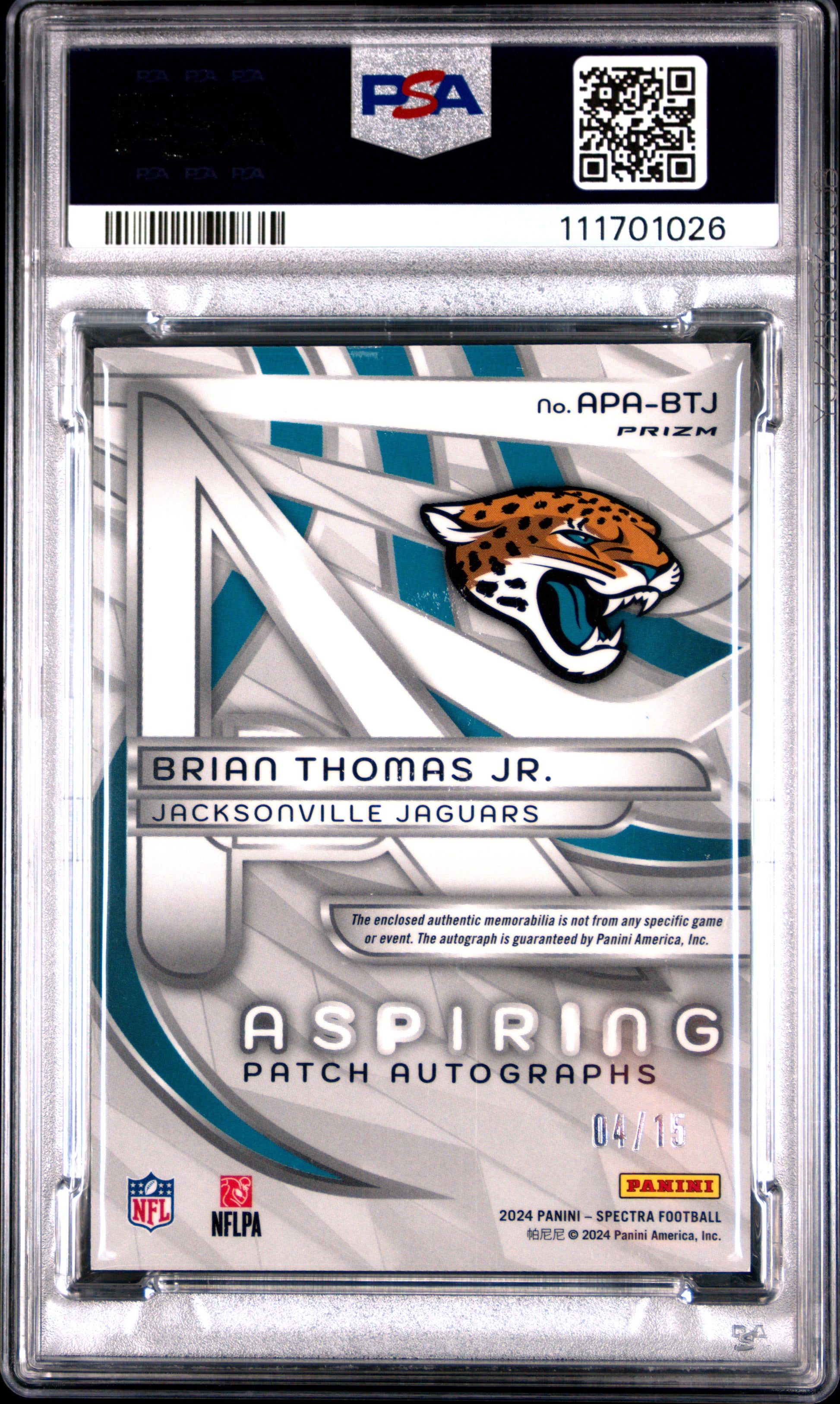 2024 Panini Spectra RPA #APABTJ Brian Thomas Jr. Orange PSA 9