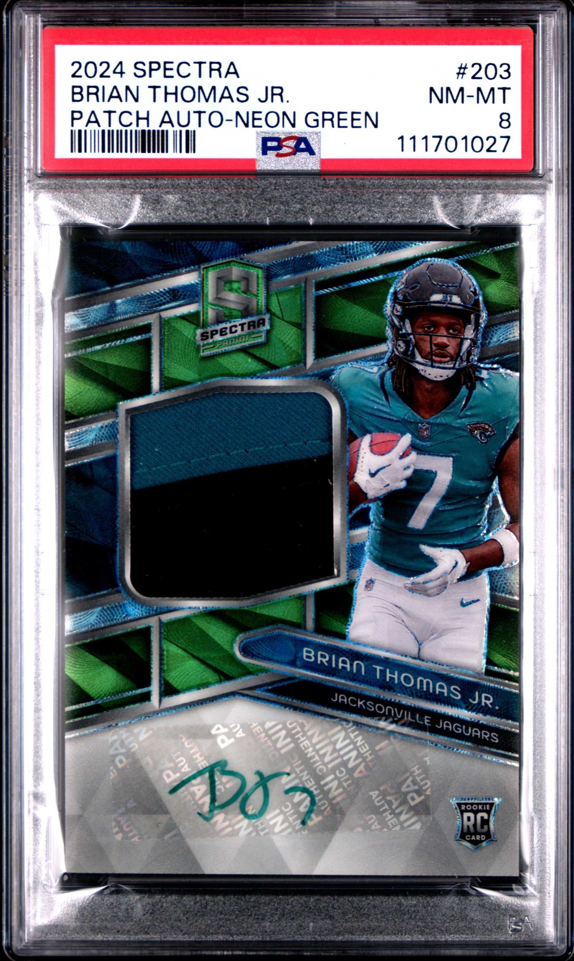 2024 Panini Spectra #203 Brian Thomas Jr. Patch Auto-Neon Green PSA 8