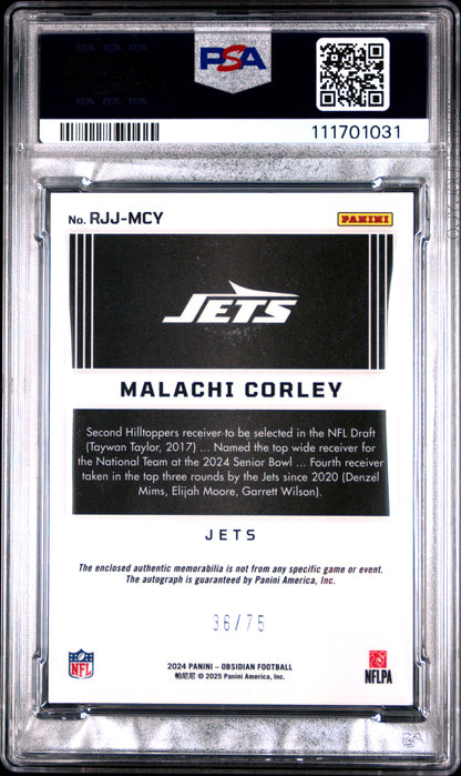 2024 Panini Obsidian RPA #RJJMCY Malachi Corley Rookie Jumbo Jersey Red PSA 10