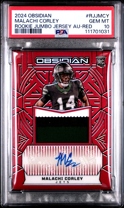 2024 Panini Obsidian RPA #RJJMCY Malachi Corley Rookie Jumbo Jersey Red PSA 10