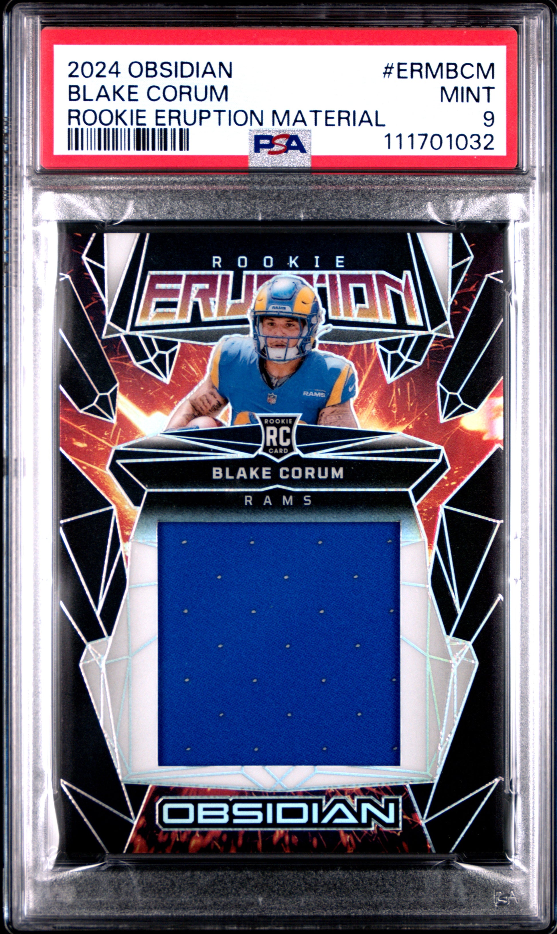 2024 Panini Obsidian Rookie Eruption Materials #ERMBCM Blake Corum PSA 9