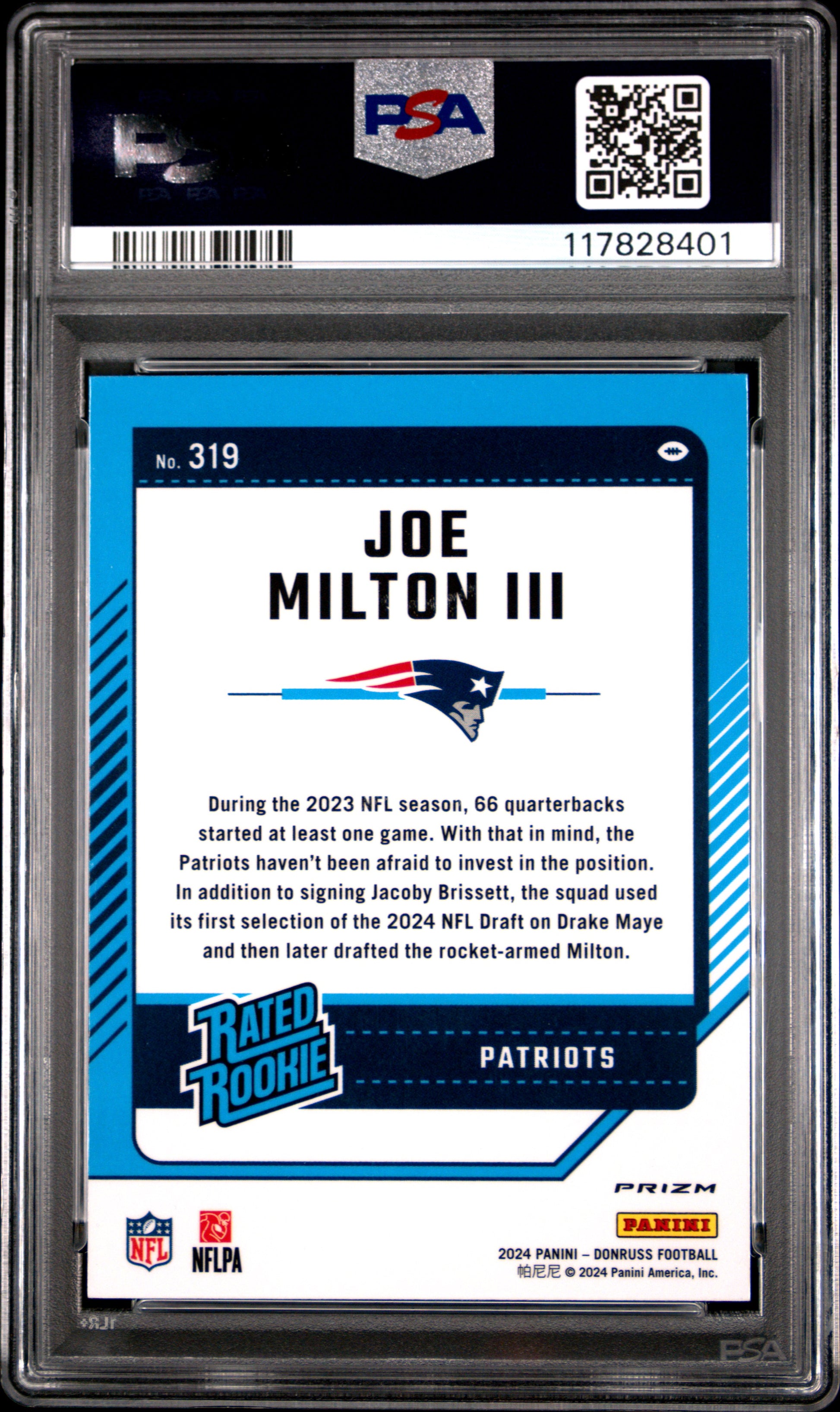 2024 Panini Donruss #319 Joe Milton Iii Optic Preview-Pink PSA 9