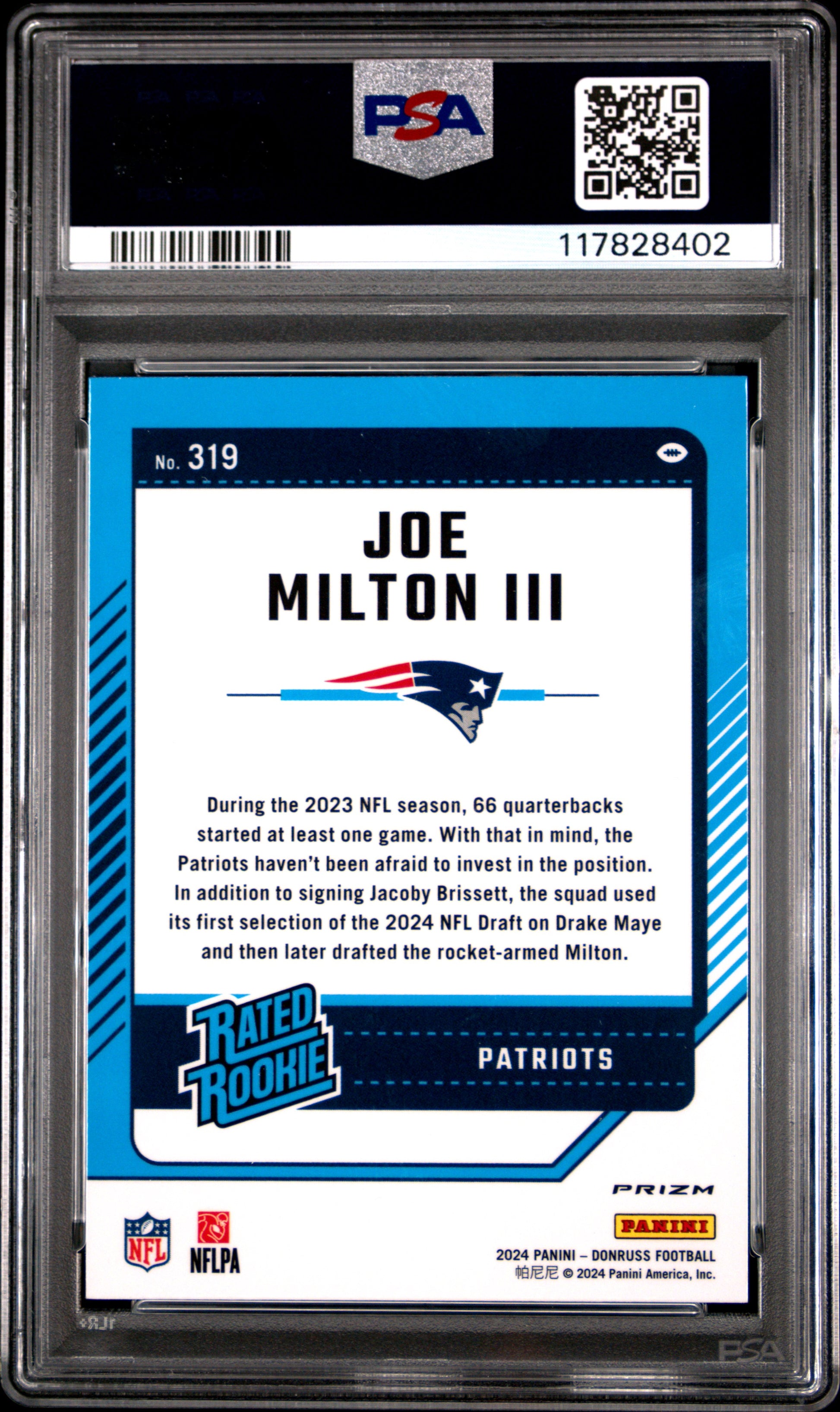 2024 Panini Donruss #319 Joe Milton Iii Optic Preview-Pink PSA 9