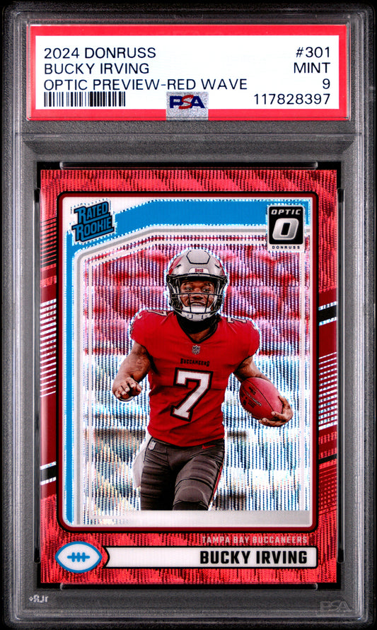 2024 Panini Donruss #301 Bucky Irving Optic Preview-Red Wave PSA 9