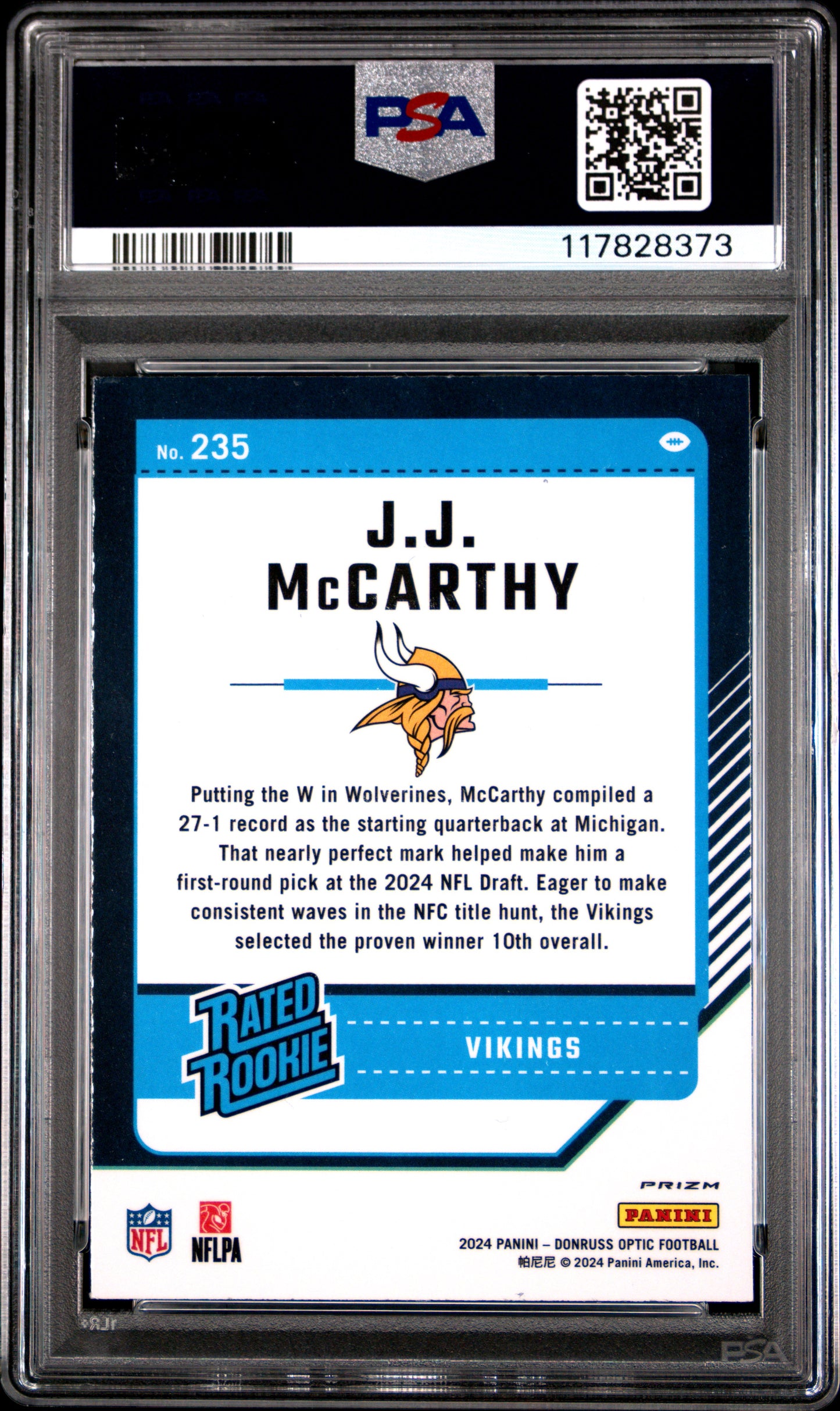 2024 Panini Donruss Optic #235 Jj Mccarthy Purple Shock PSA 9