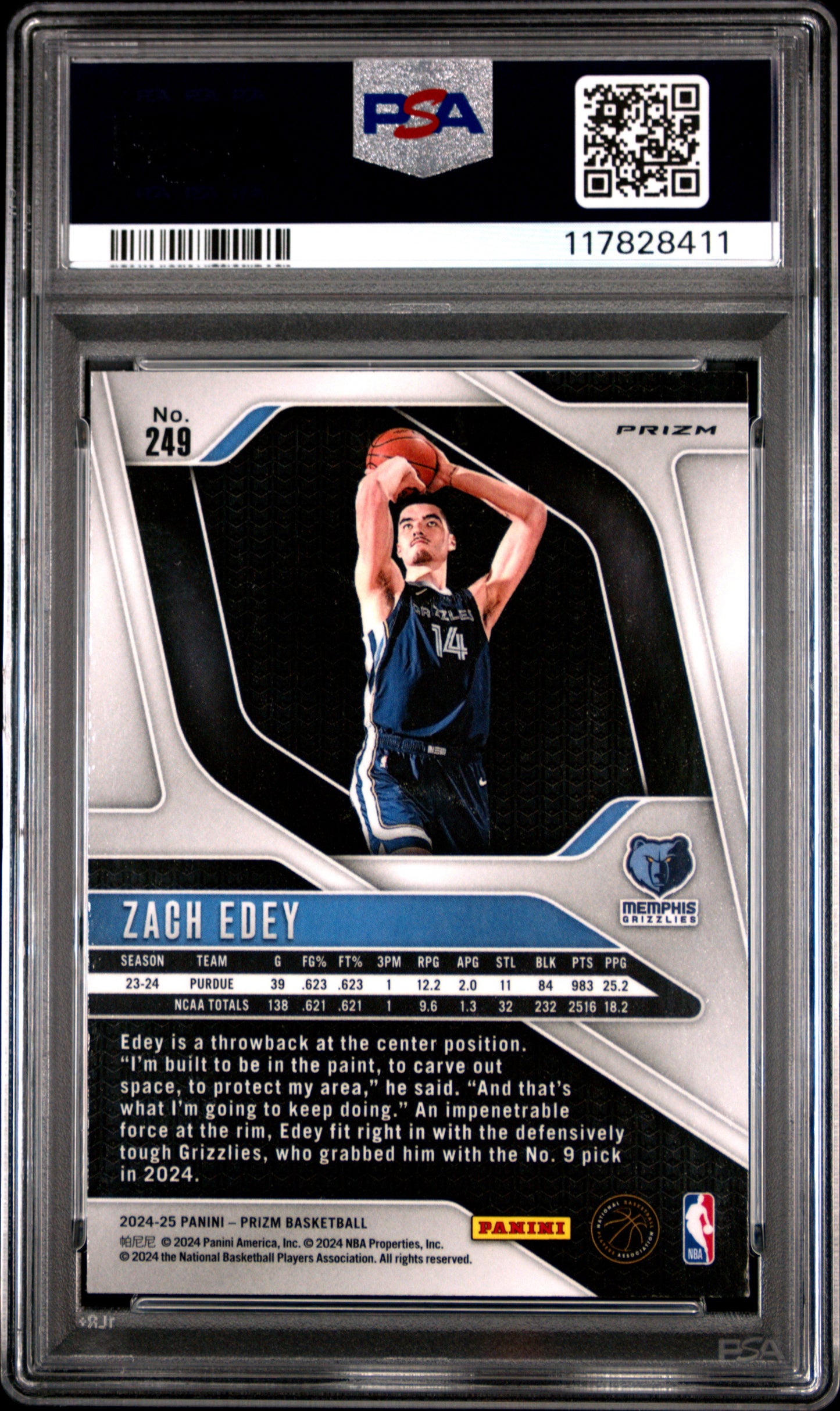 2024 Panini Prizm #249 Zach Edey Silver Prizm PSA 9